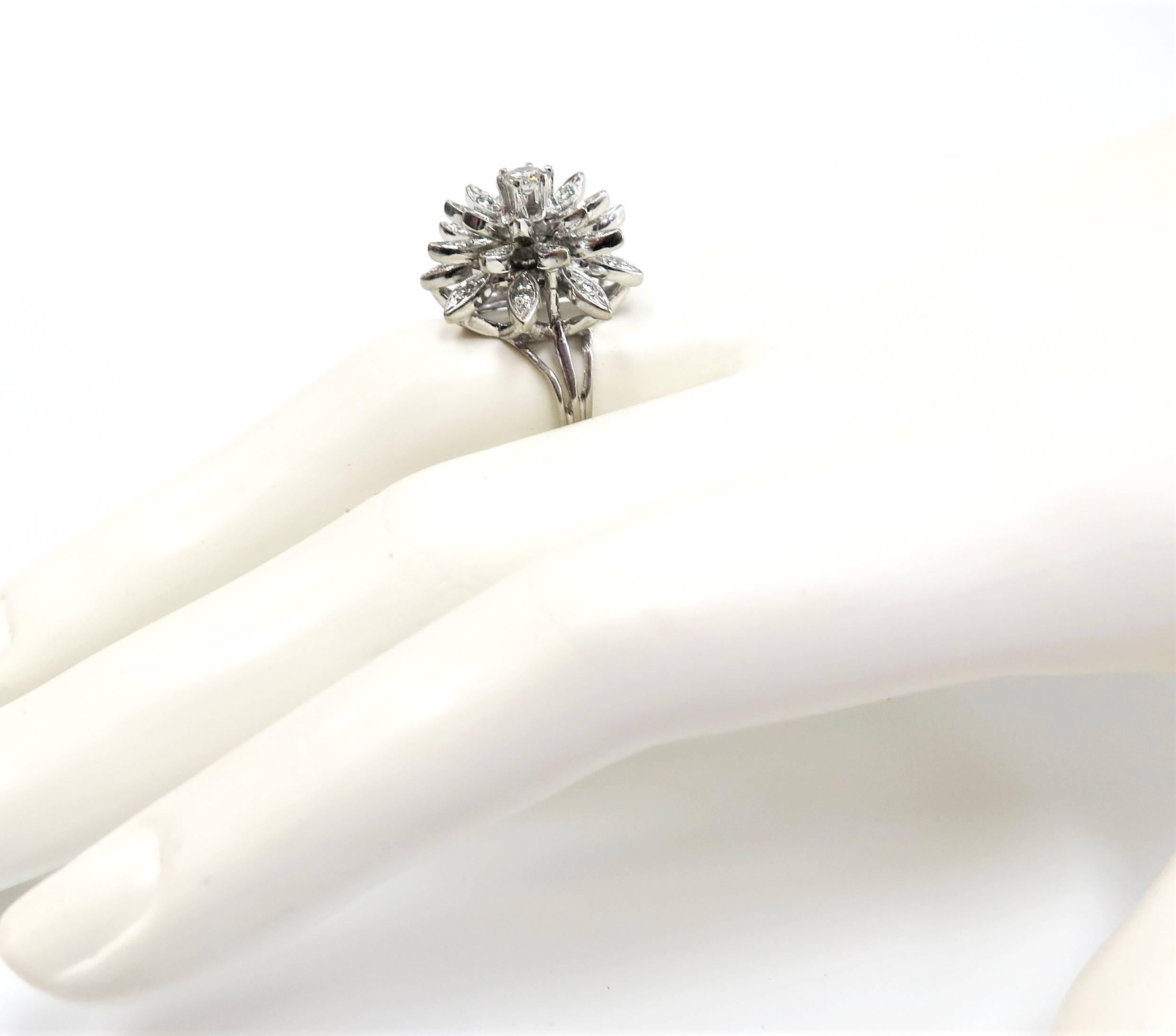 1950s Domed Diamond Cluster Flower Ring or Total Diamond Weight 0.86 Carat 1