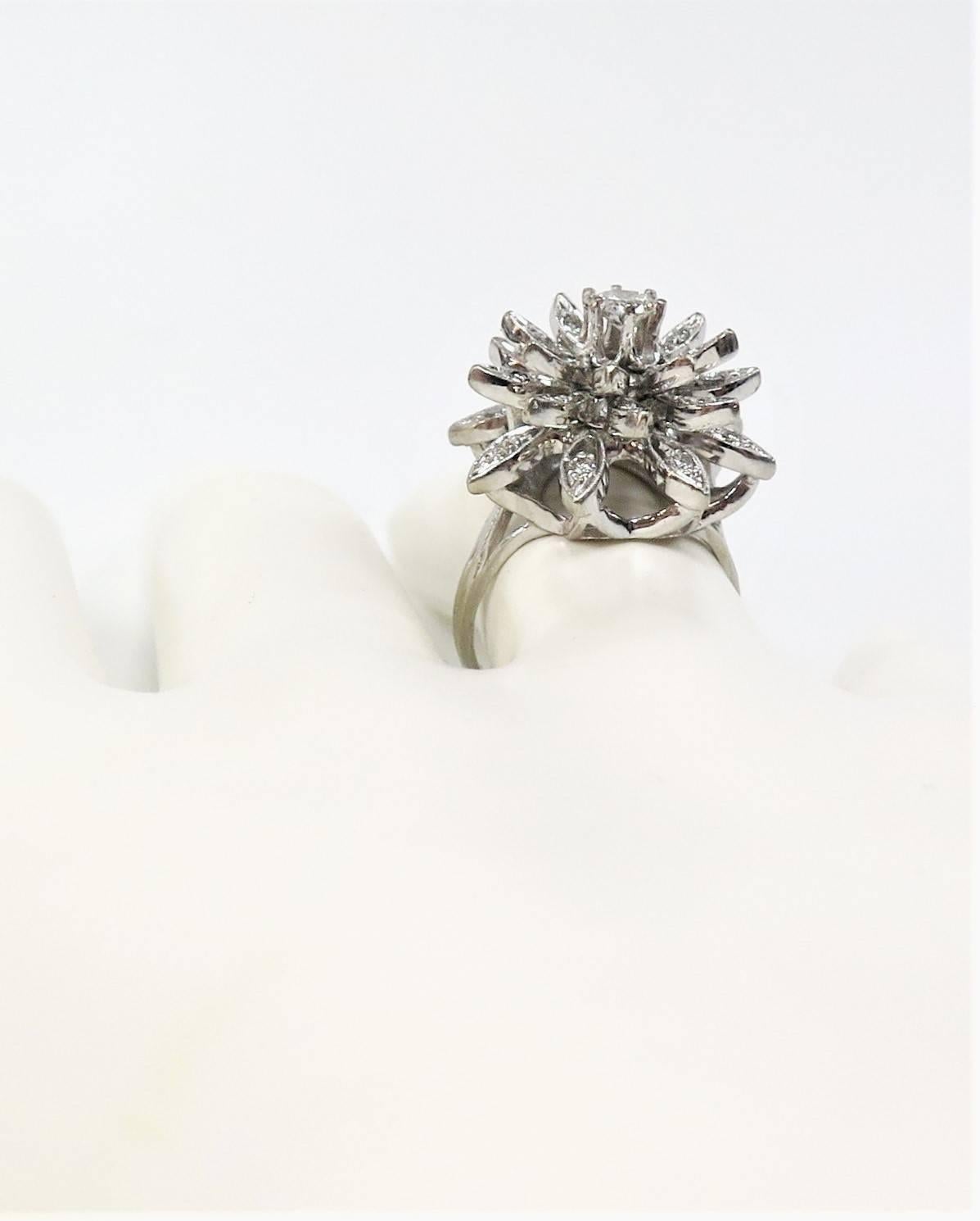 1950s Domed Diamond Cluster Flower Ring or Total Diamond Weight 0.86 Carat 2