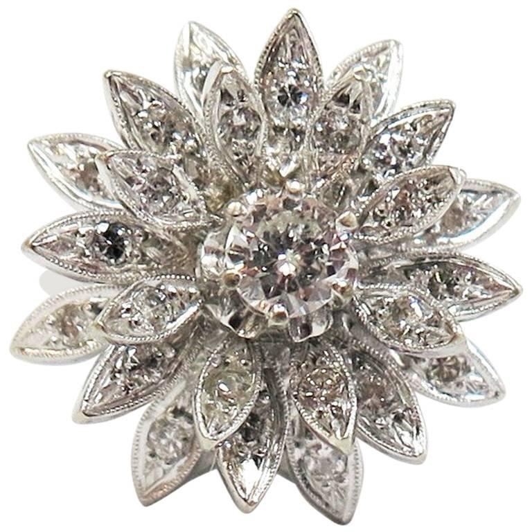 1950s Domed Diamond Cluster Flower Ring or Total Diamond Weight 0.86 Carat