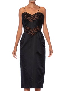 1950'S DON LOPER Black Silk Duchess Satin Cocktail Dress With Sheer Illusion La