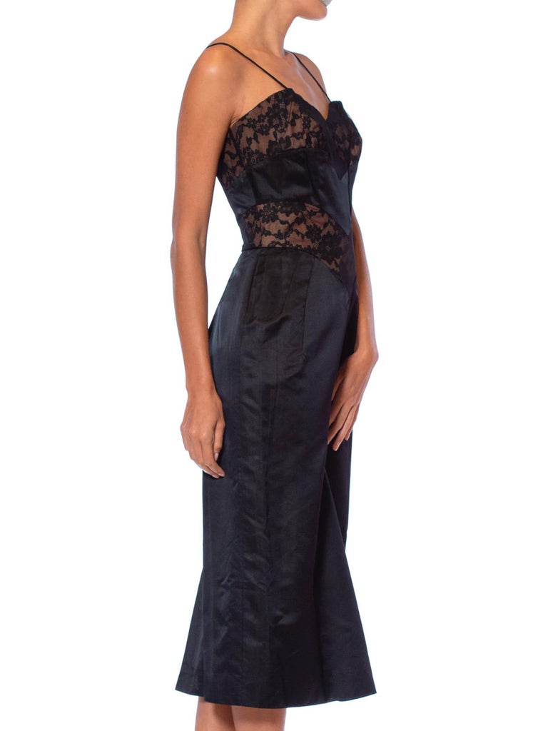 1950'S DON LOPER Black Silk Duchess Satin Cocktail Dress With Sheer