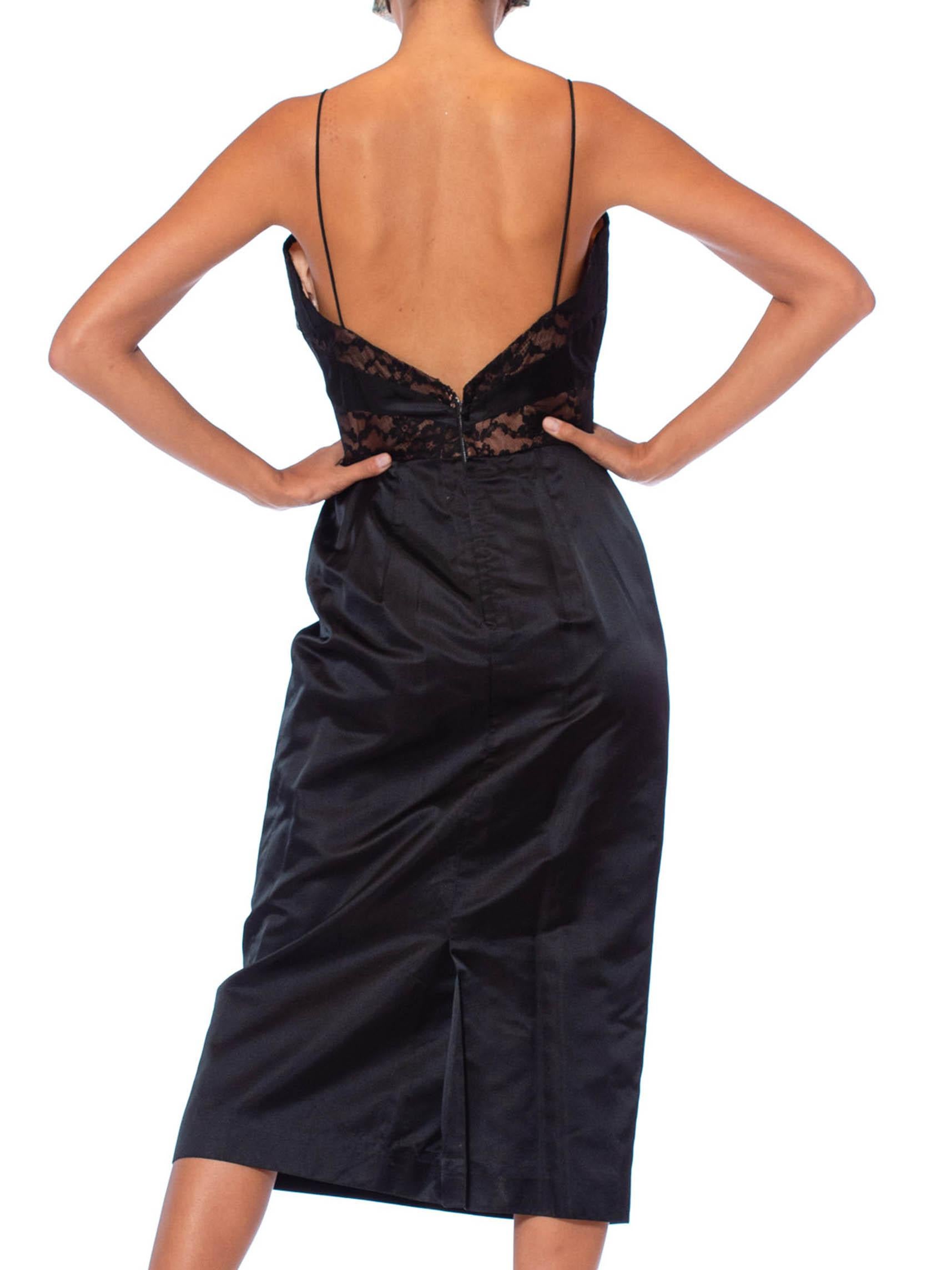 1950'S DON LOPER Black Silk Duchess Satin Cocktail Dress With Sheer Illusion La For Sale 1