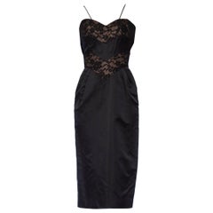 1950'S DON LOPER Black Silk Duchess Satin Cocktail Dress With Sheer Illusion La