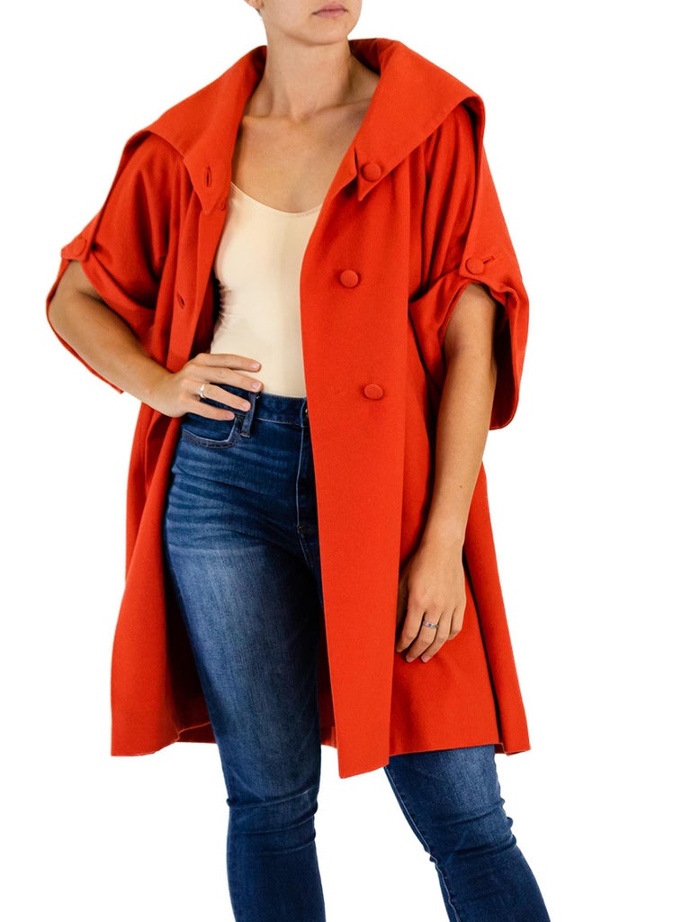 1950S DON LOPER Tomato Red Wool 3/4 Sleeve Coat With Giant Picture Collar For Sale 7