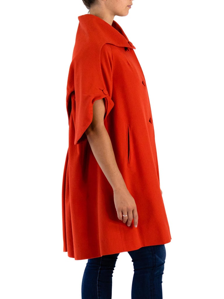 Women's 1950S DON LOPER Tomato Red Wool 3/4 Sleeve Coat With Giant Picture Collar For Sale
