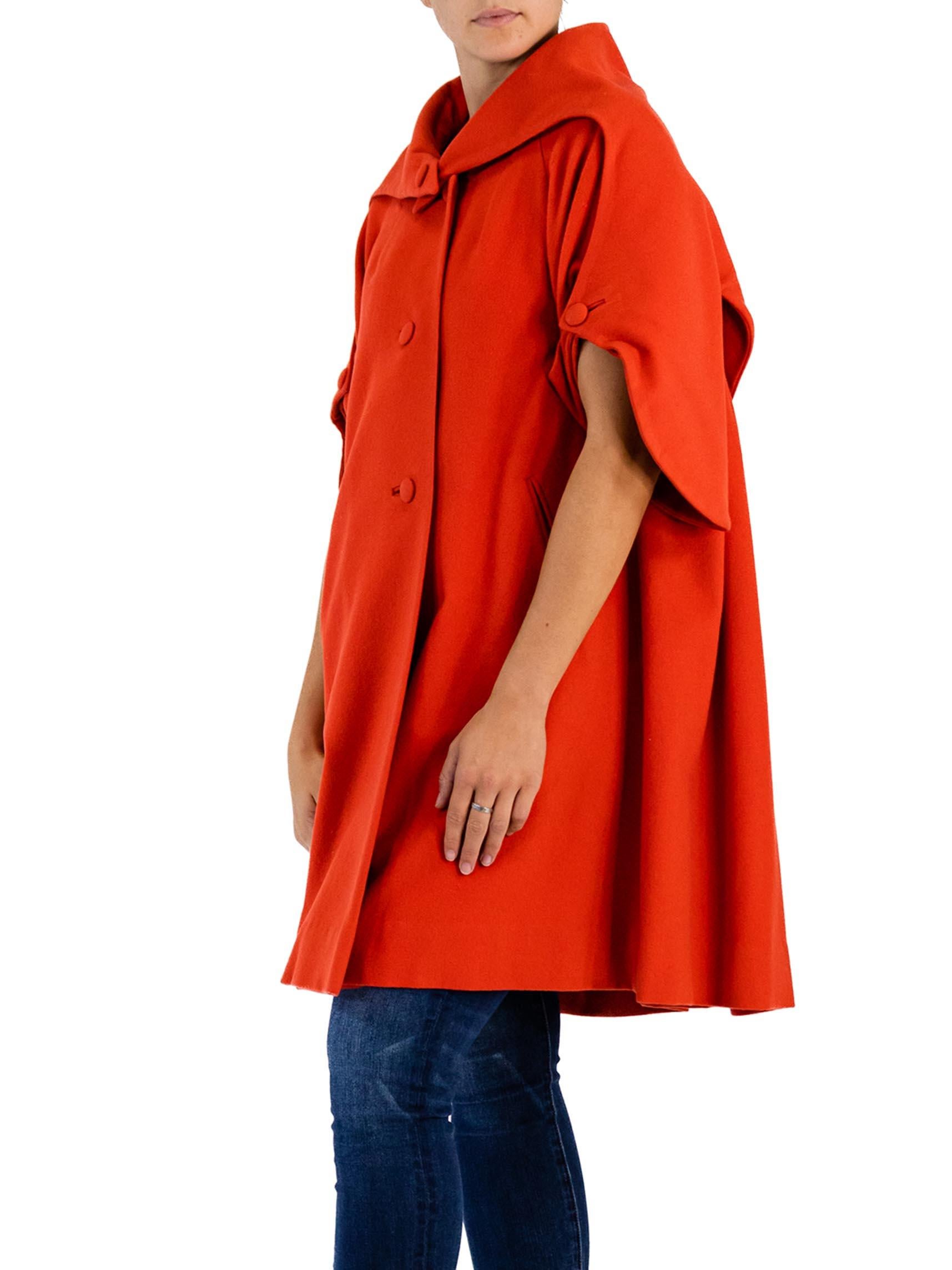 1950S DON LOPER Tomato Red Wool 3/4 Sleeve Coat With Giant Picture Collar For Sale 1