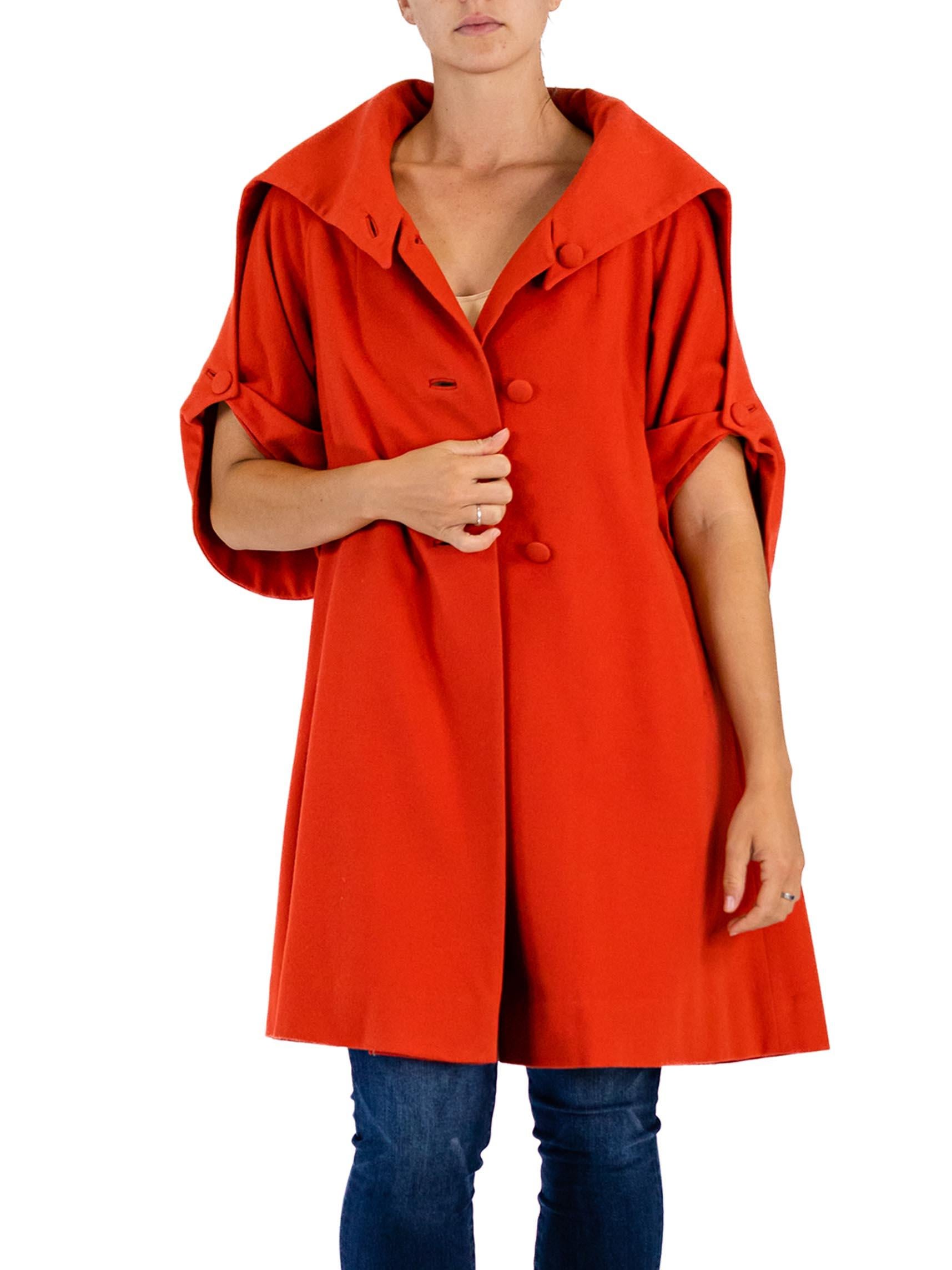 1950S DON LOPER Tomato Red Wool 3/4 Sleeve Coat With Giant Picture Collar For Sale 3