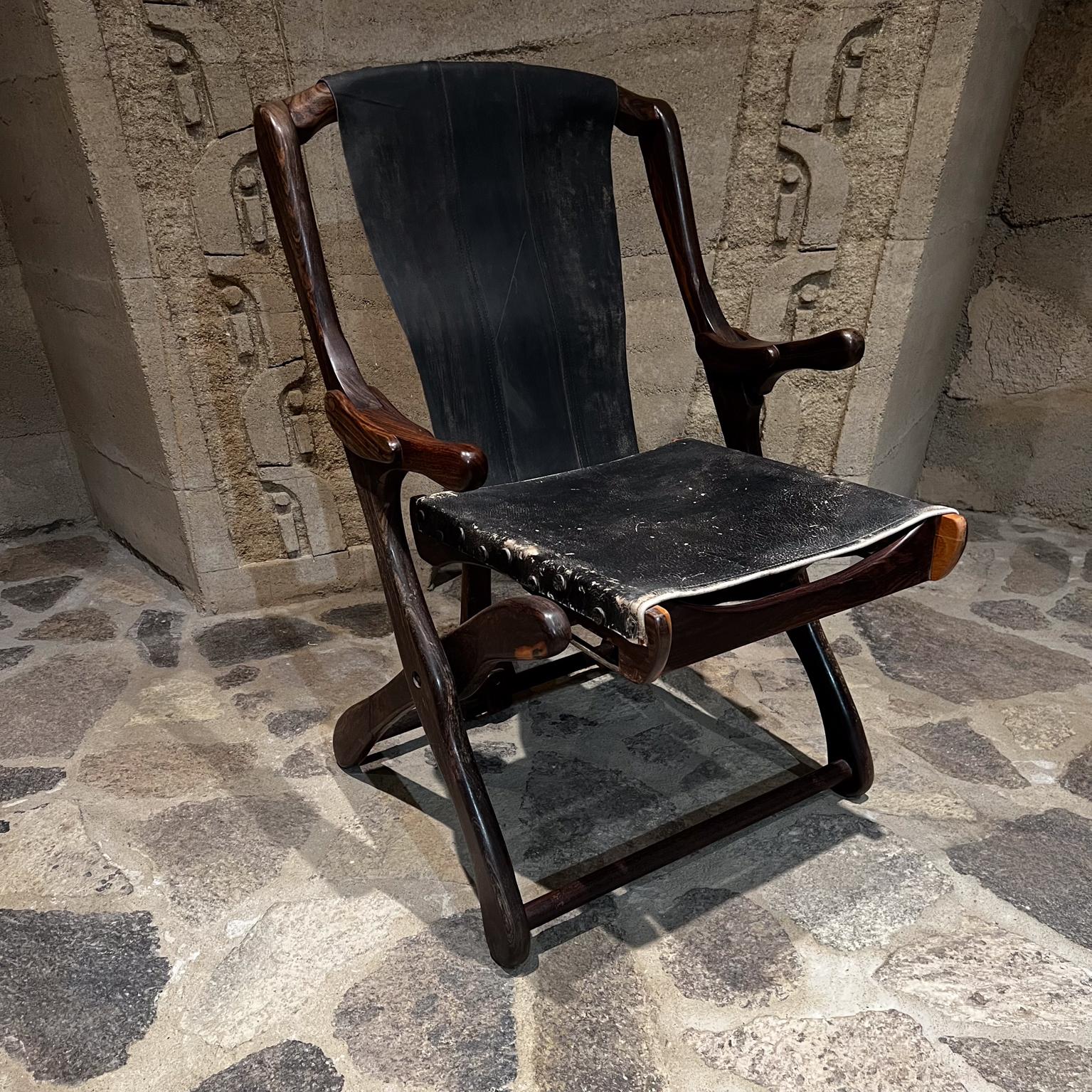 Leather 1950s Don Shoemaker Scissor Sling Folding Armchair & Foot Stool Mexico For Sale