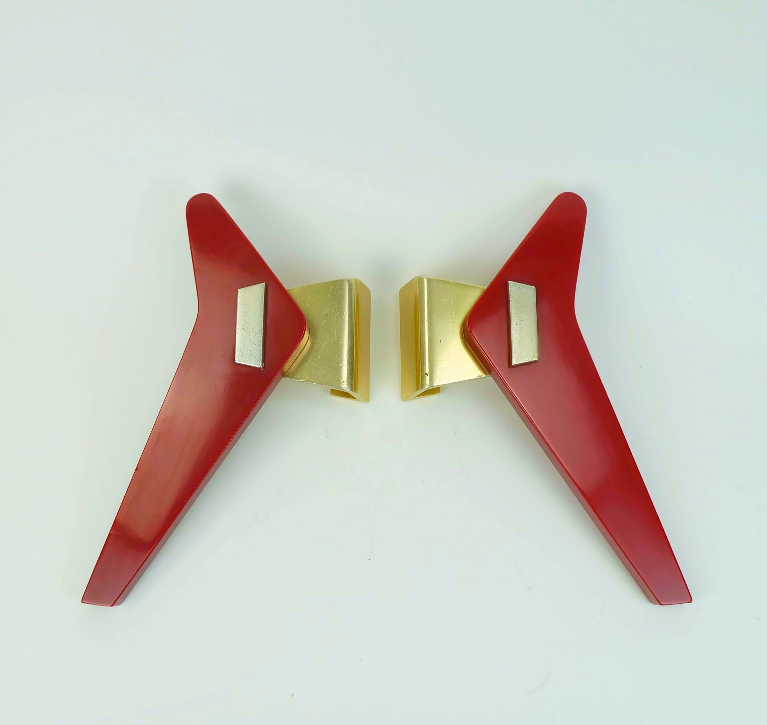 1950s DOOR HANDLES push handles red bakelite and aluminum streamline bungalow For Sale 1