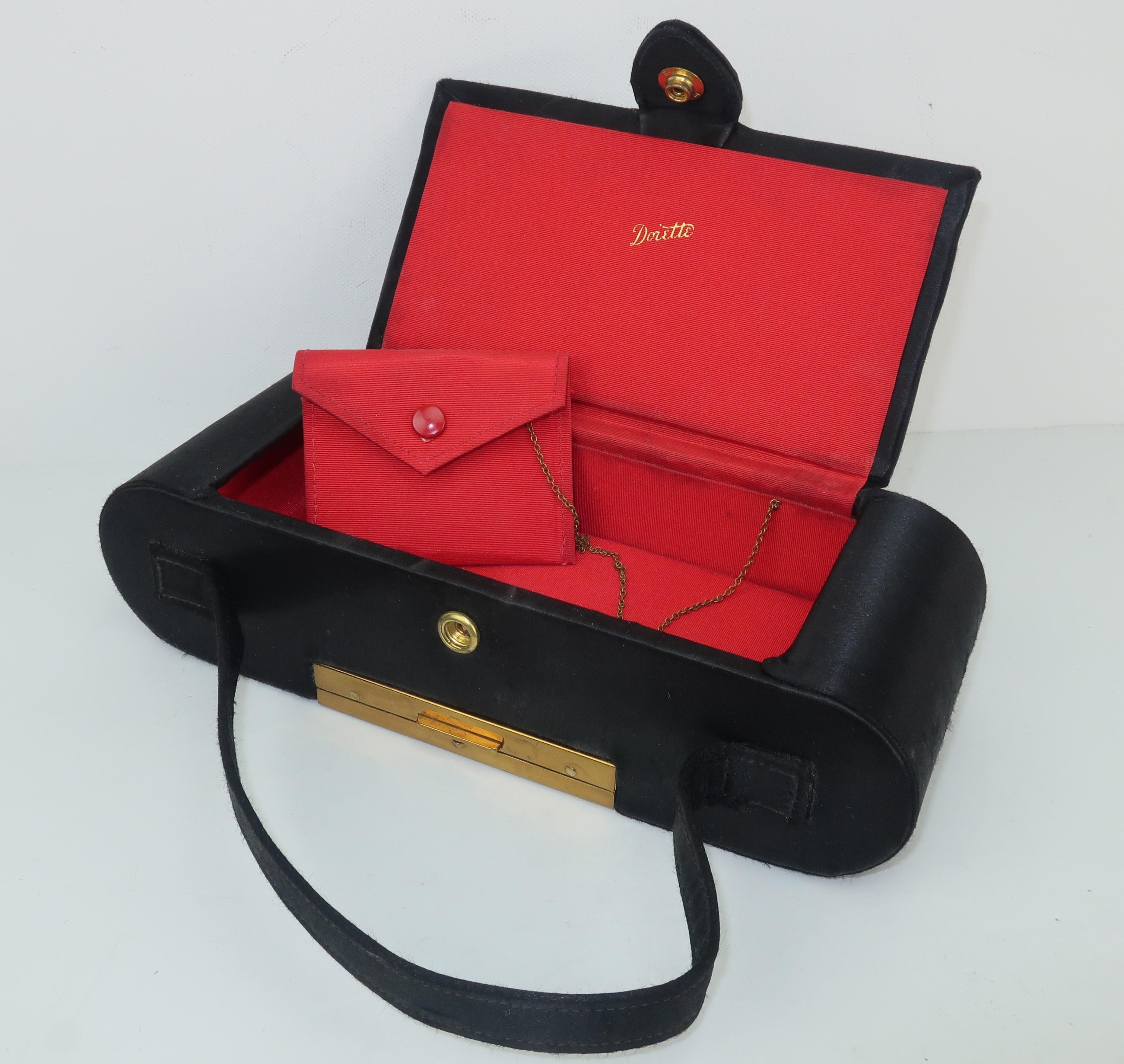 1950's Dorette Mirrored Compact Black Satin Evening Handbag 5