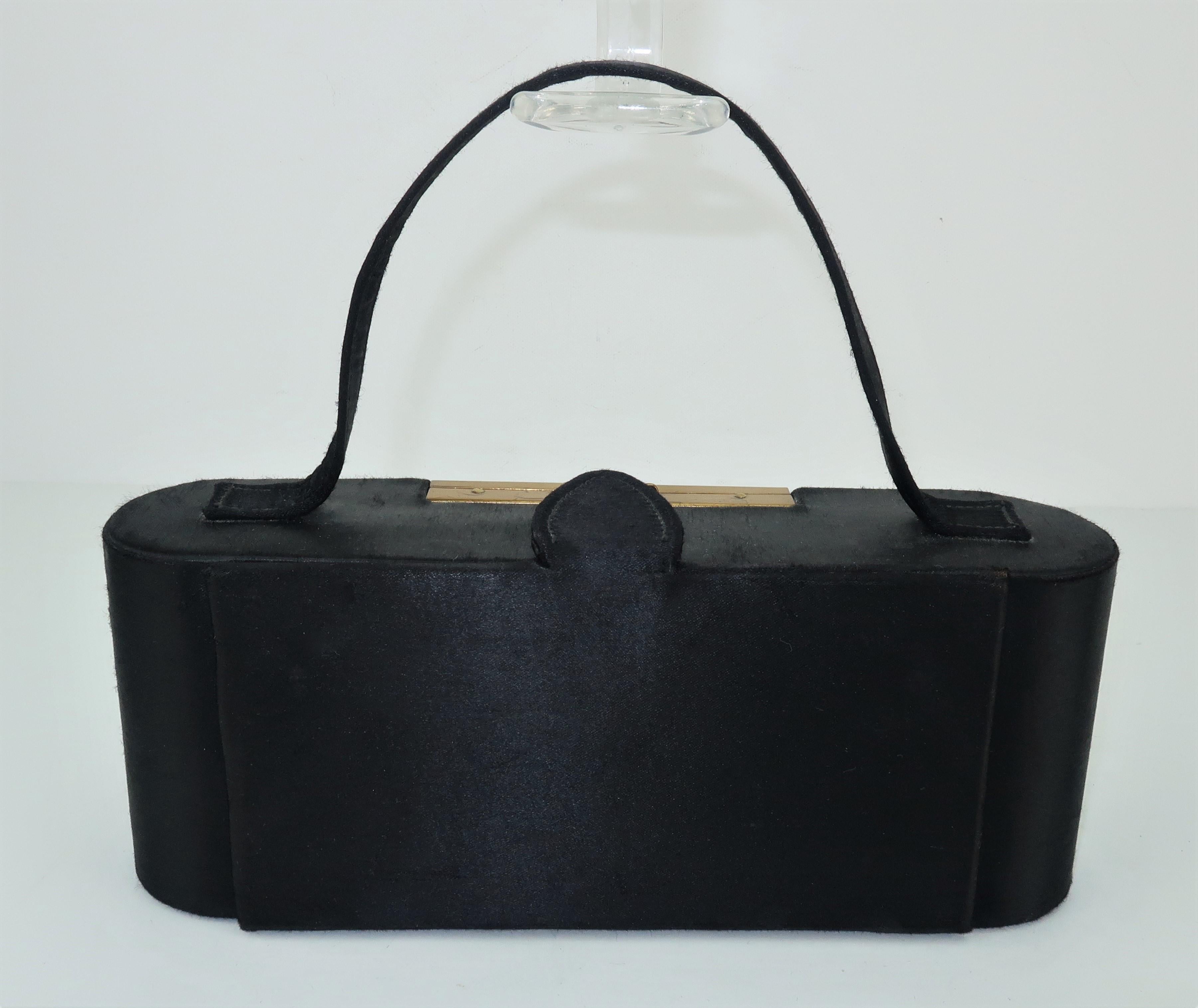 1950's Dorette Mirrored Compact Black Satin Evening Handbag 2