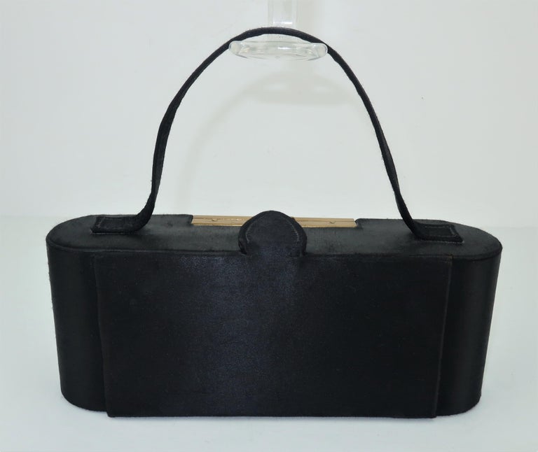 1950's Dorette Mirrored Compact Black Satin Evening Handbag at 1stDibs
