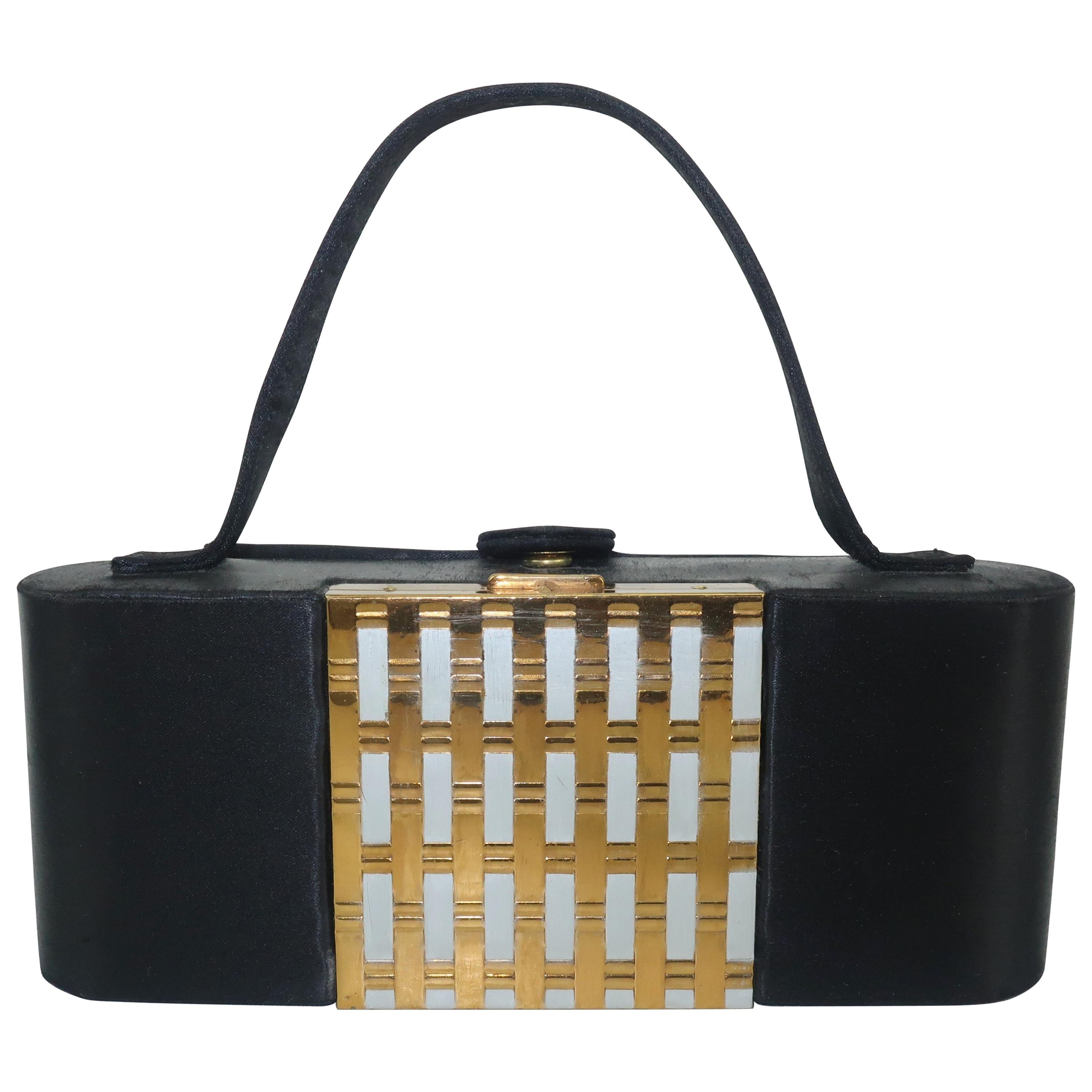 1950
s Dorette Mirrored Compact Black Satin Evening Handbag