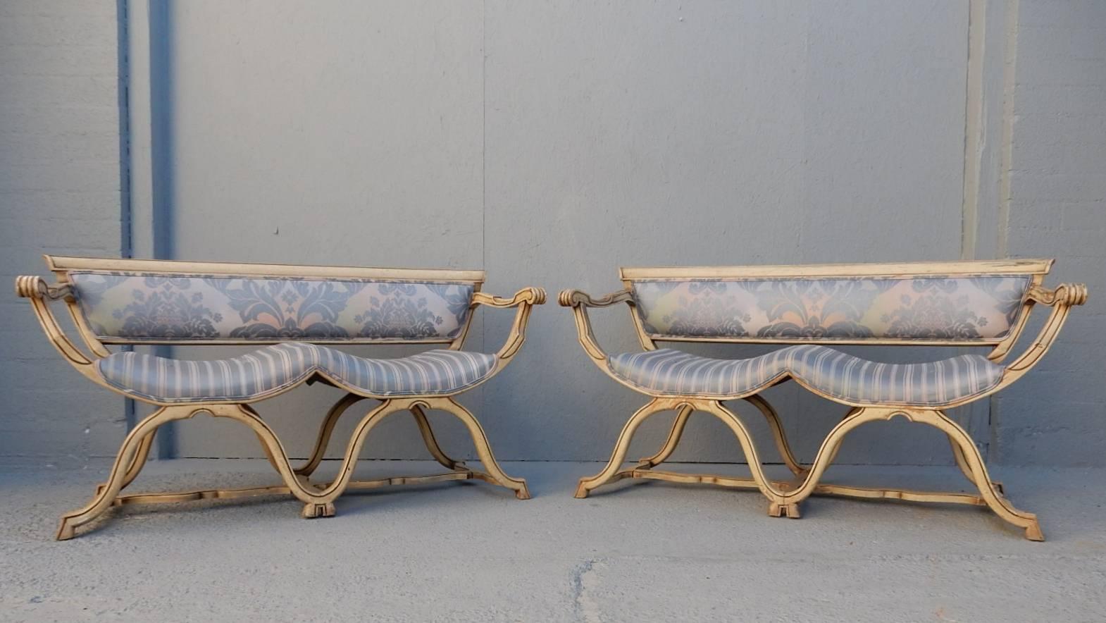 A fabulous French blue silk upholstered settee attributed to designer Dorothy Draper. 
From a lavish Palm Springs estate. Completely original aged finish.
2 available.
  