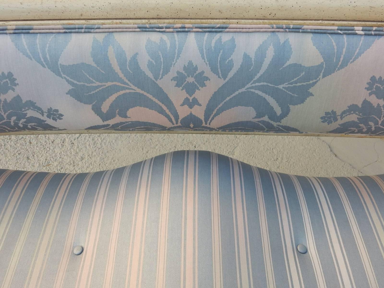 French Provincial 1950s French-Blue Silk Settee attributed to Dorothy Draper