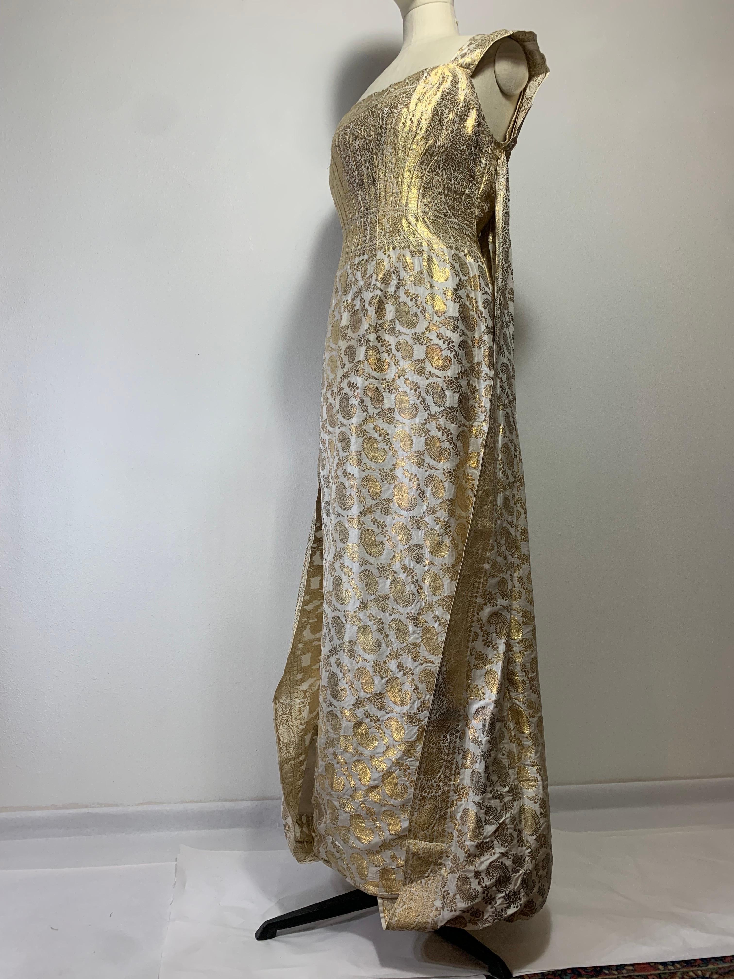 1950s Dorothy McNab Gold Lame & White Silk Sari-Inspired Gown w Waterfall Back For Sale 6