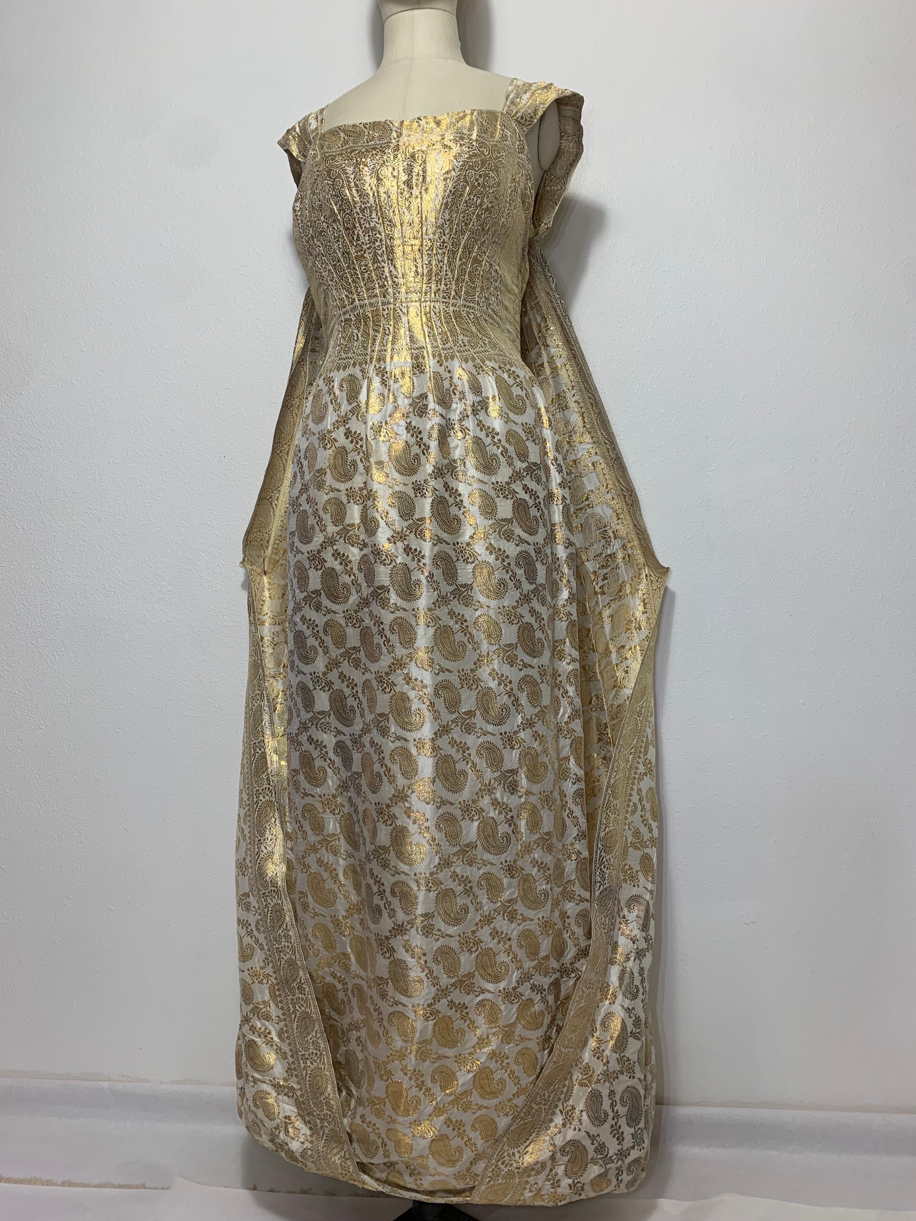 1950s Dorothy McNab Gold Lame & White Silk Sari-Inspired Gown w Waterfall Back For Sale 11
