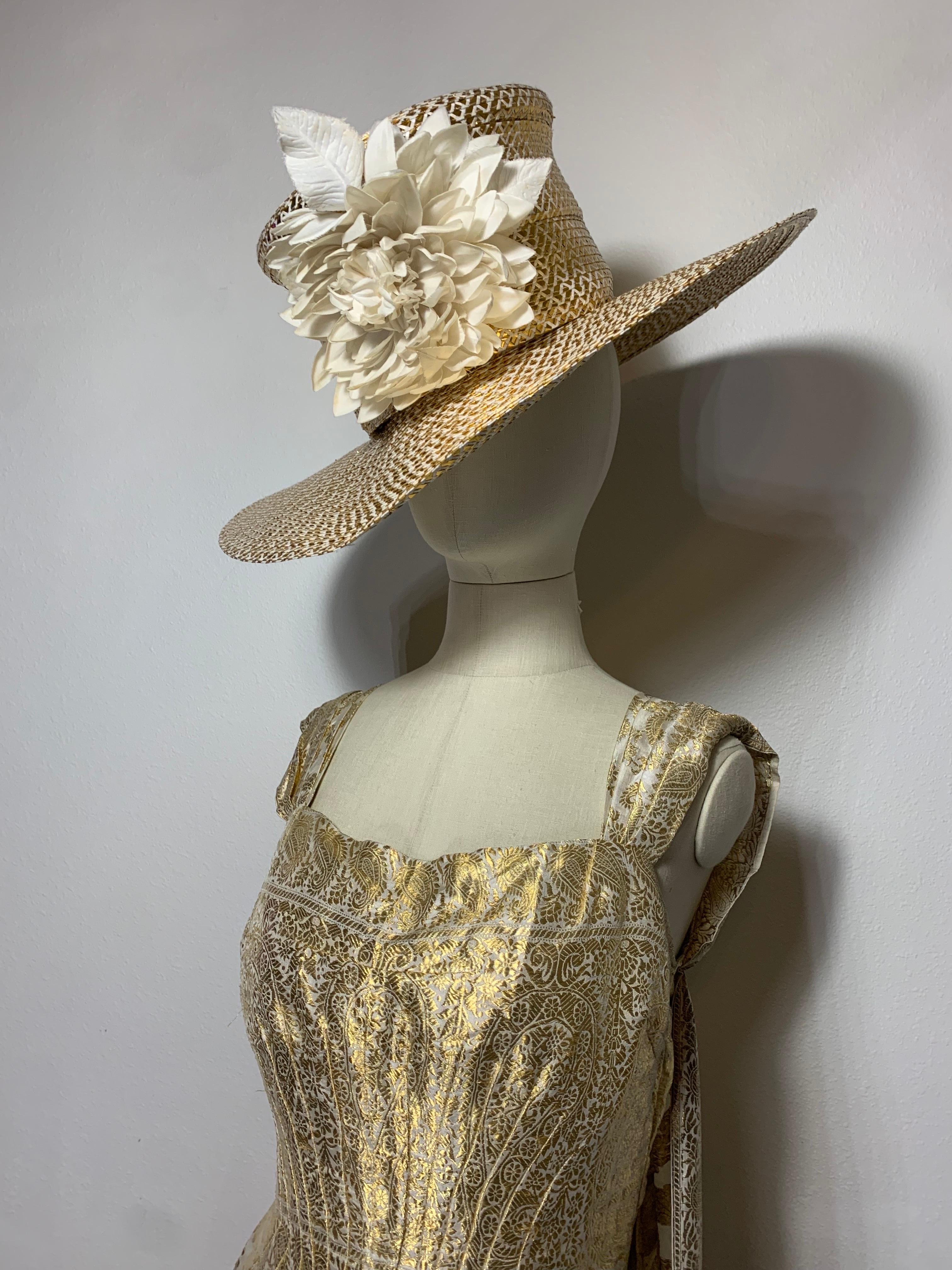 1950s Dorothy McNab Gold Lame & White Silk Sari-Inspired Gown w Waterfall Back For Sale 14