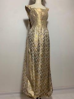 1950s Dorothy McNab Gold Lame & White Silk Sari-Inspired Gown w Waterfall Back