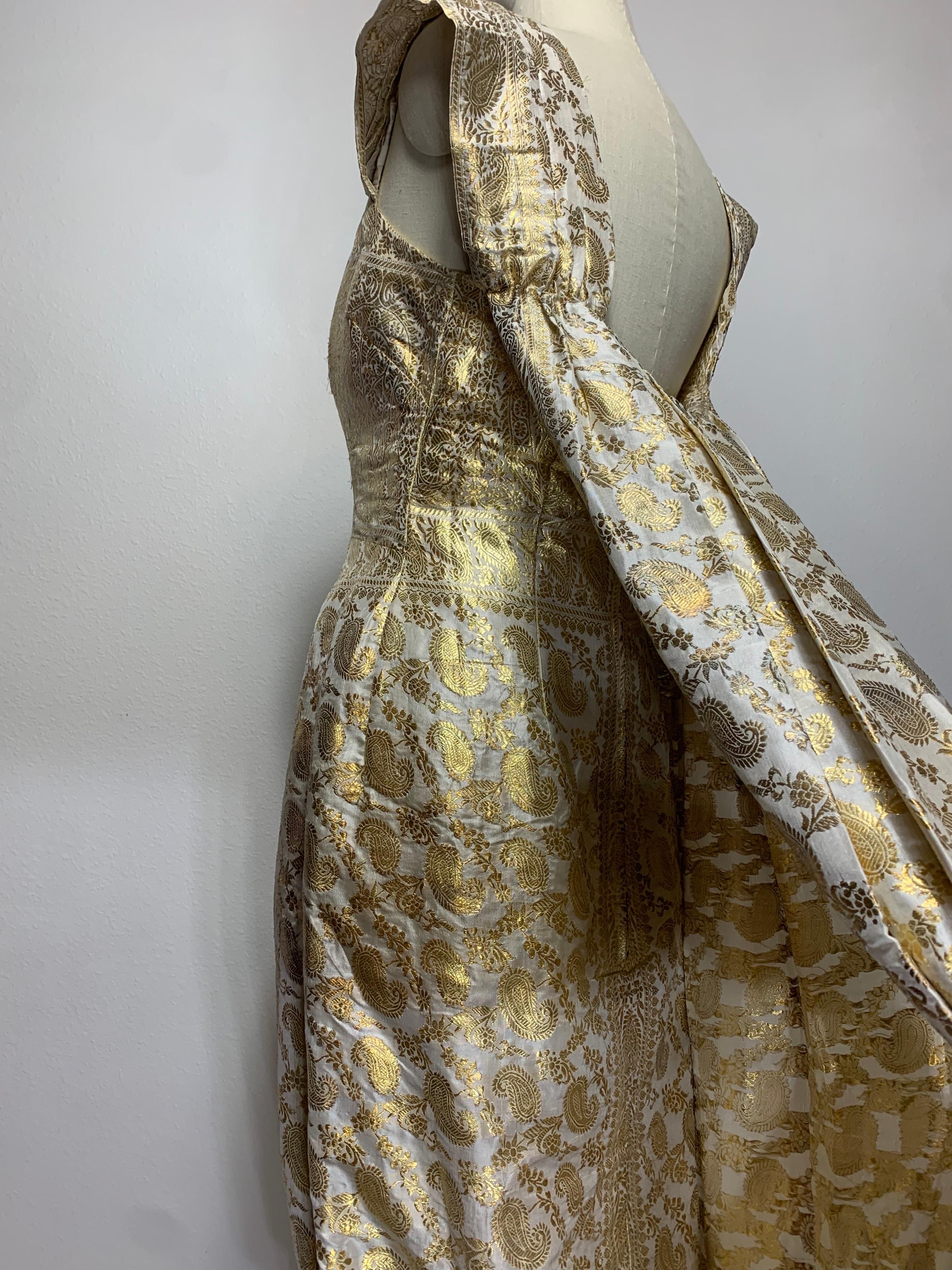 1950s Dorothy McNab Gold Lame & White Silk Sari-Inspired Gown w Waterfall Back For Sale 2