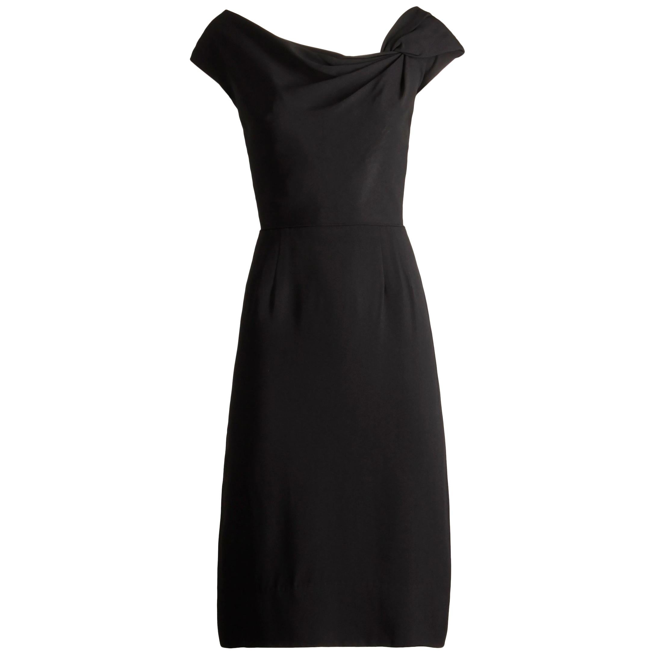 1950s Dorothy O'Hara Vintage Black Asymmetric Cocktail Sheath Dress