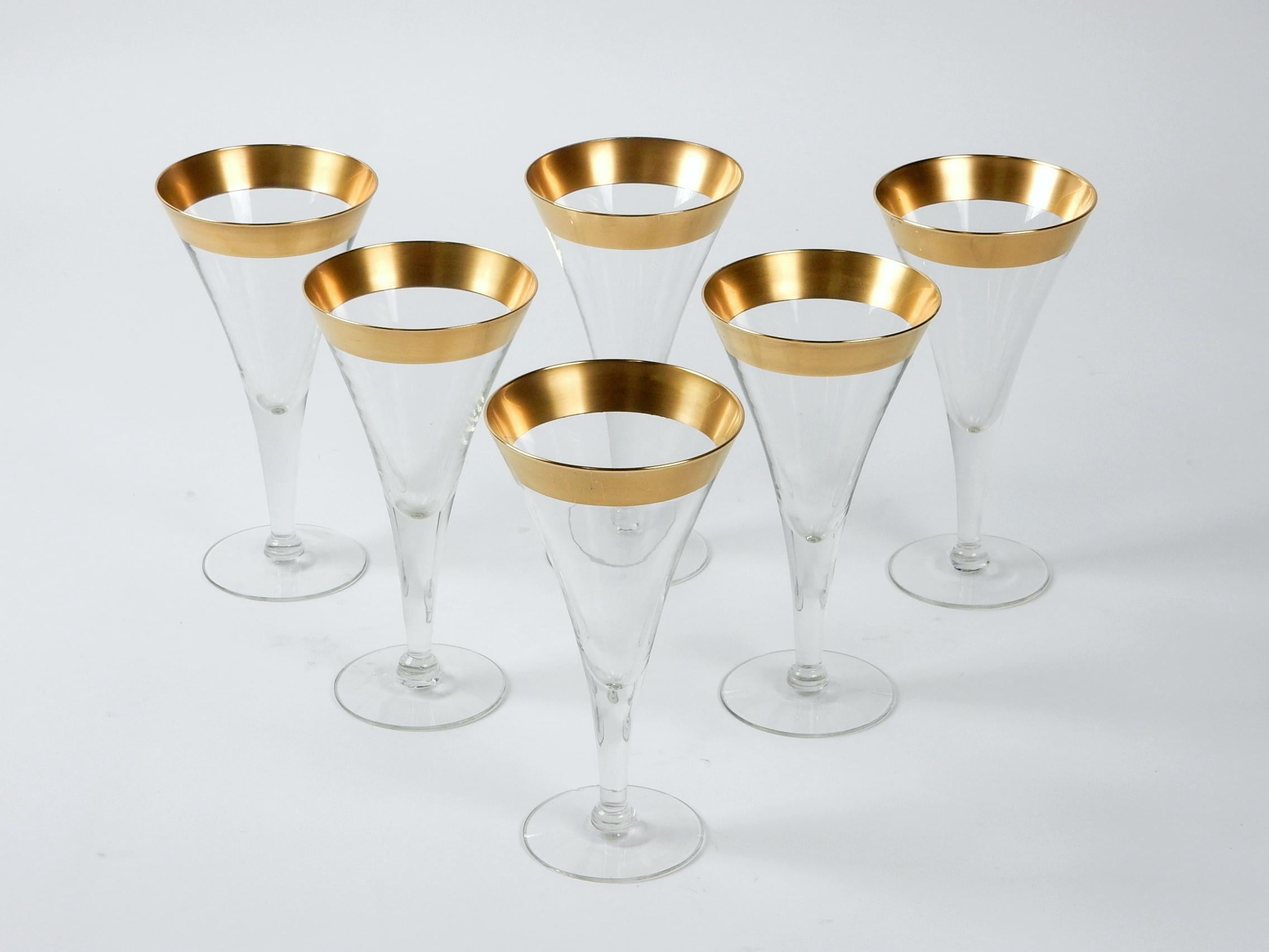 1950s Dorothy Thorpe Gold Band Tall Martini Glass, Set of 6 In Good Condition In Las Vegas, NV