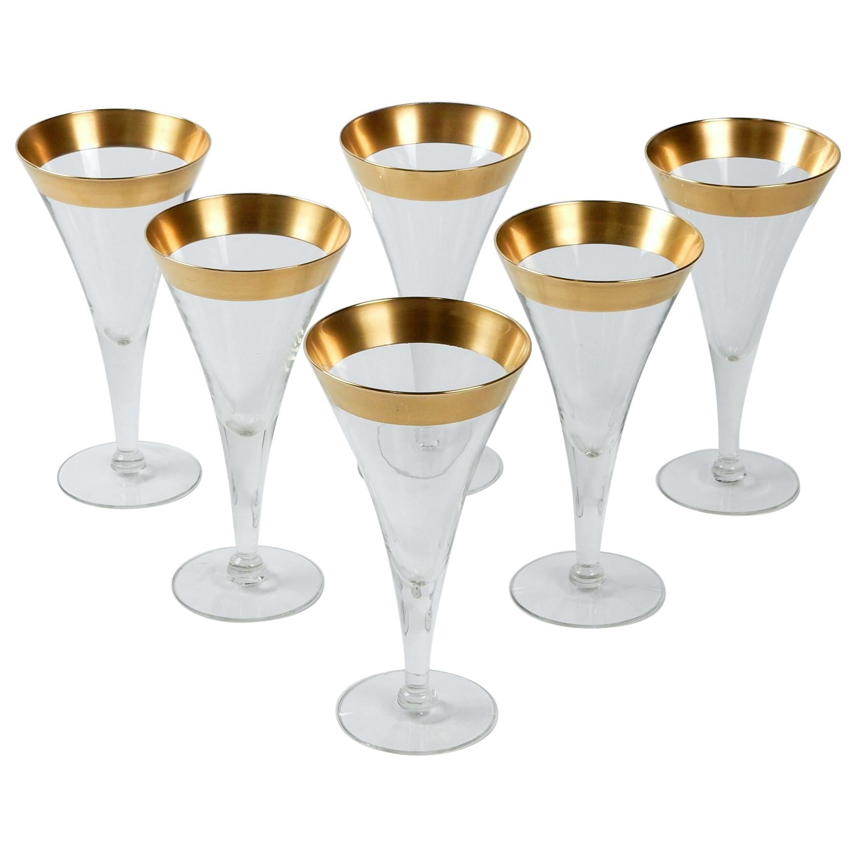 1950s Dorothy Thorpe Gold Band Tall Martini Glass, Set of 6