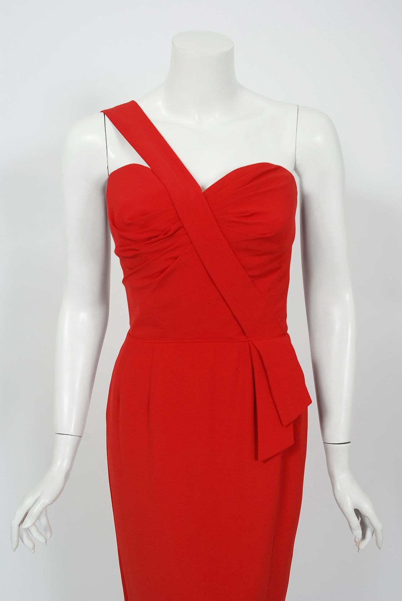 Exquisite late 1950's sculpted ruby-red rayon crepe hourglass gown by the famous 