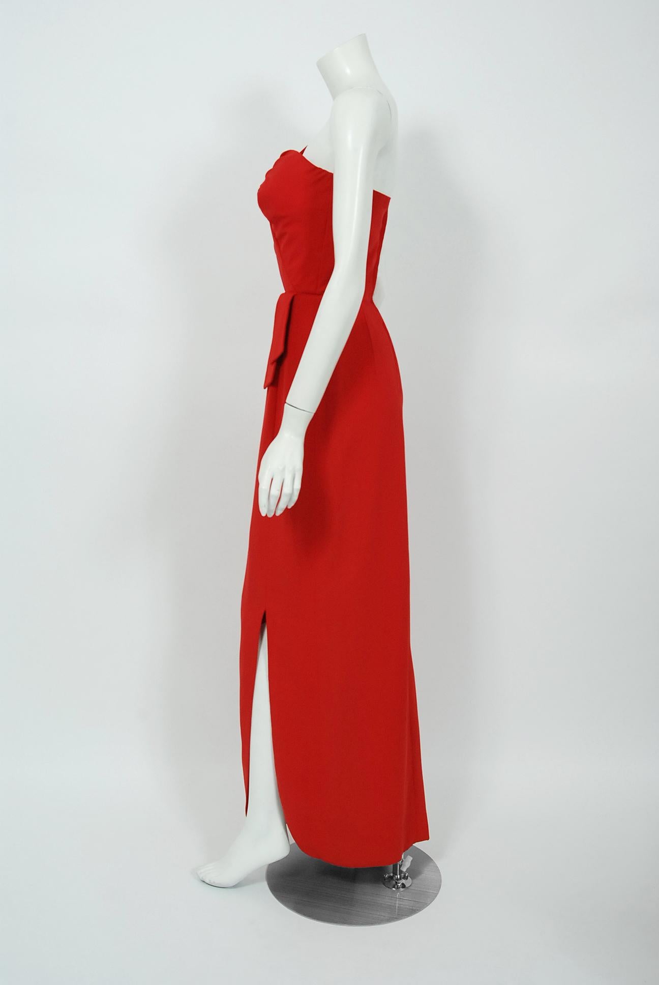 Vintage 1950's Dorothy O'Hara Red Rayon Crepe One-Shoulder Hourglass Slit Gown In Good Condition In Beverly Hills, CA