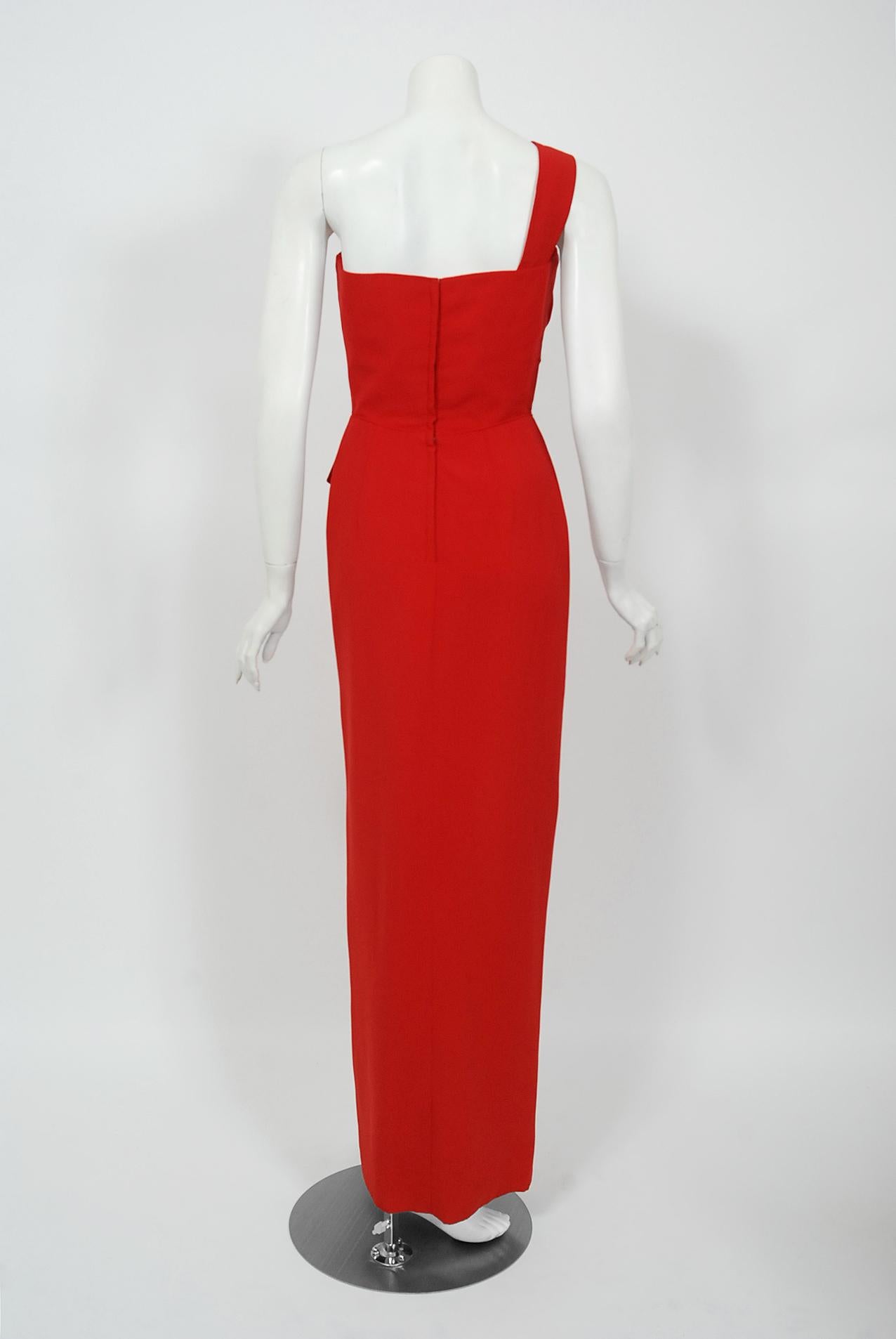 Women's Vintage 1950's Dorothy O'Hara Red Rayon Crepe One-Shoulder Hourglass Slit Gown