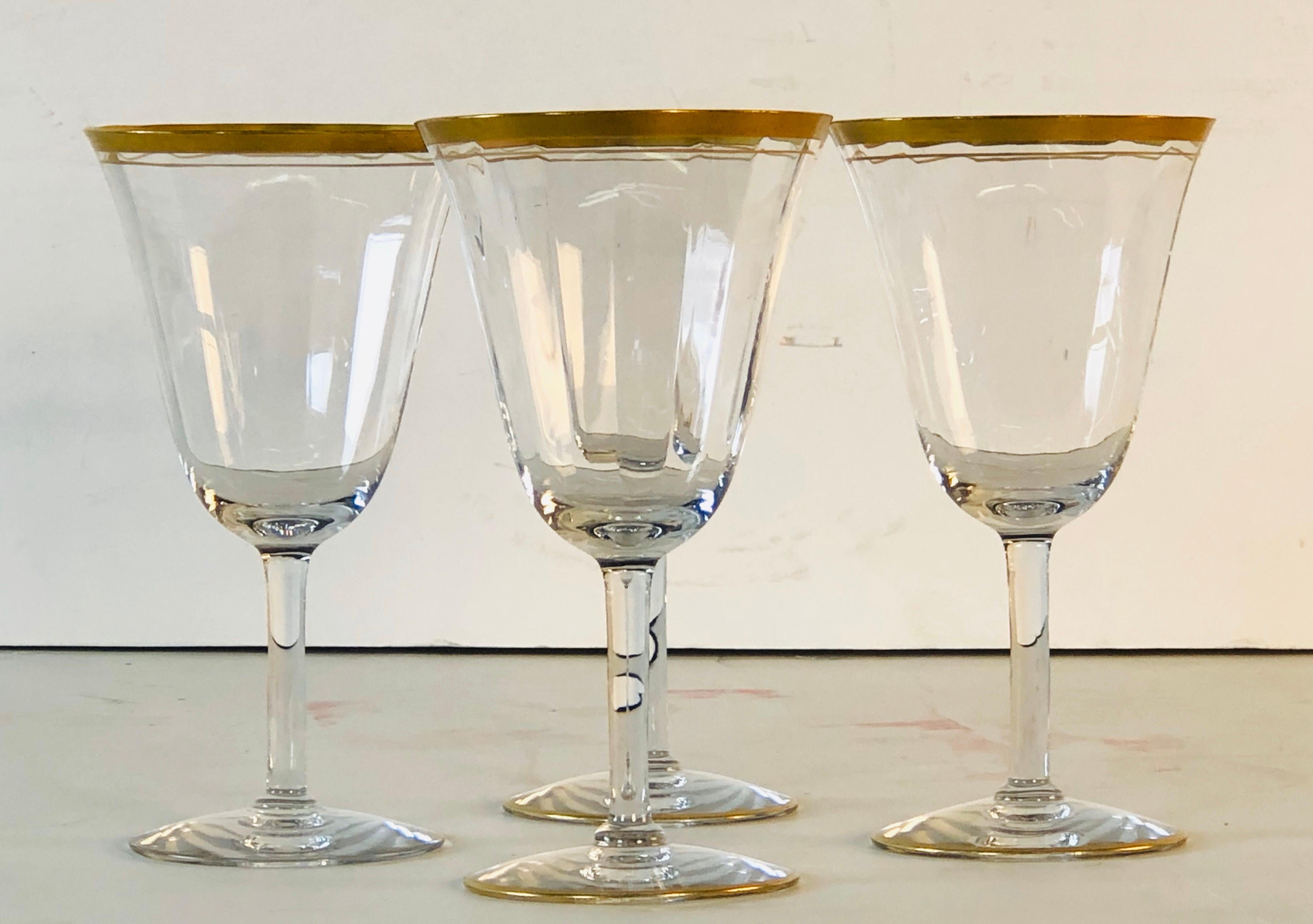 Vintage 1950s set of 4 double gold rim wine glass stems. Excellent condition. No marks.