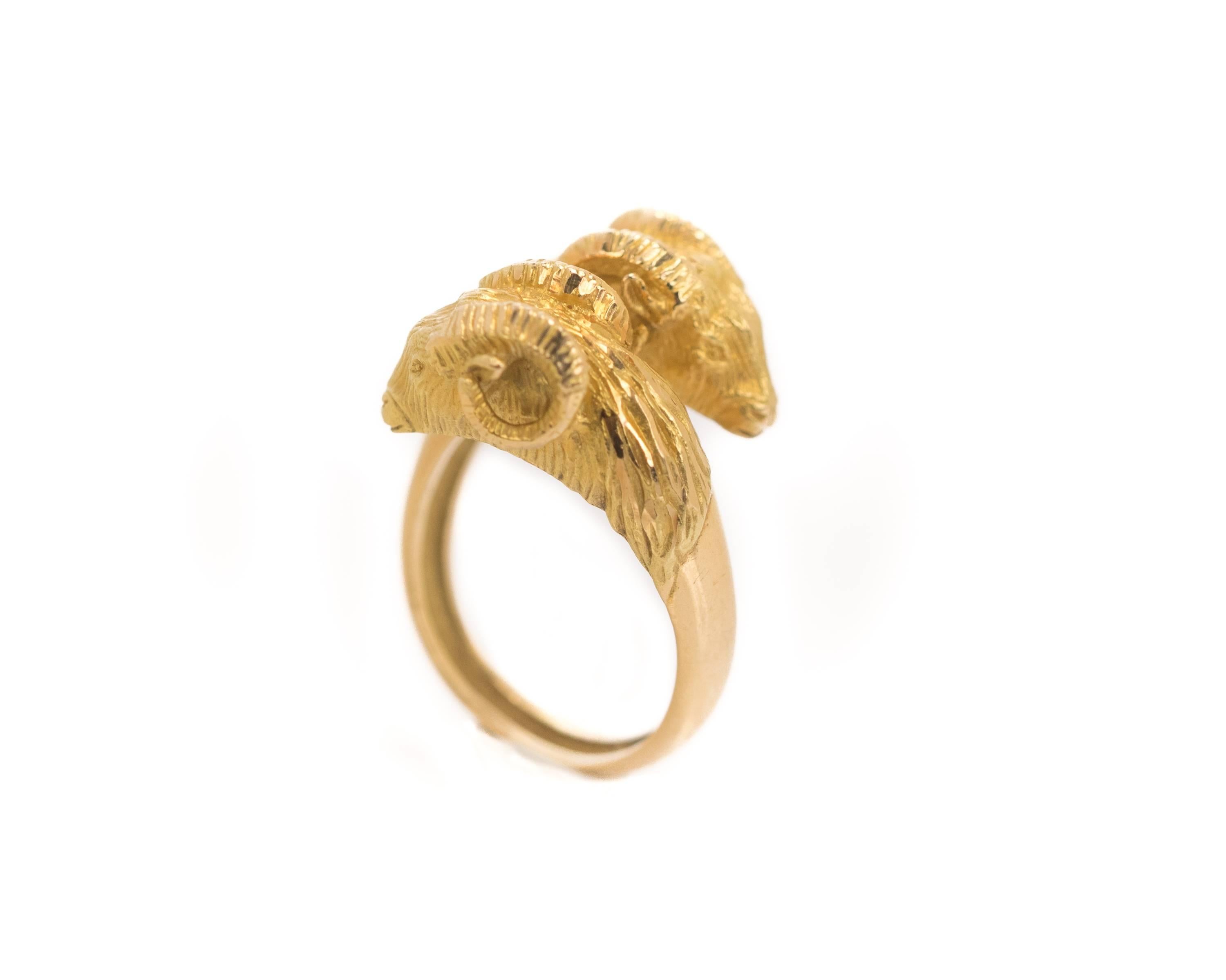 1950s Retro Rams Head Ring - 18 Karat Yellow Gold

The Ram has numerous associations across time and cultures. It is the symbol of the astrological sign Aries. The ram has significance within the Jewish and Hindu cultures. It is also associated with