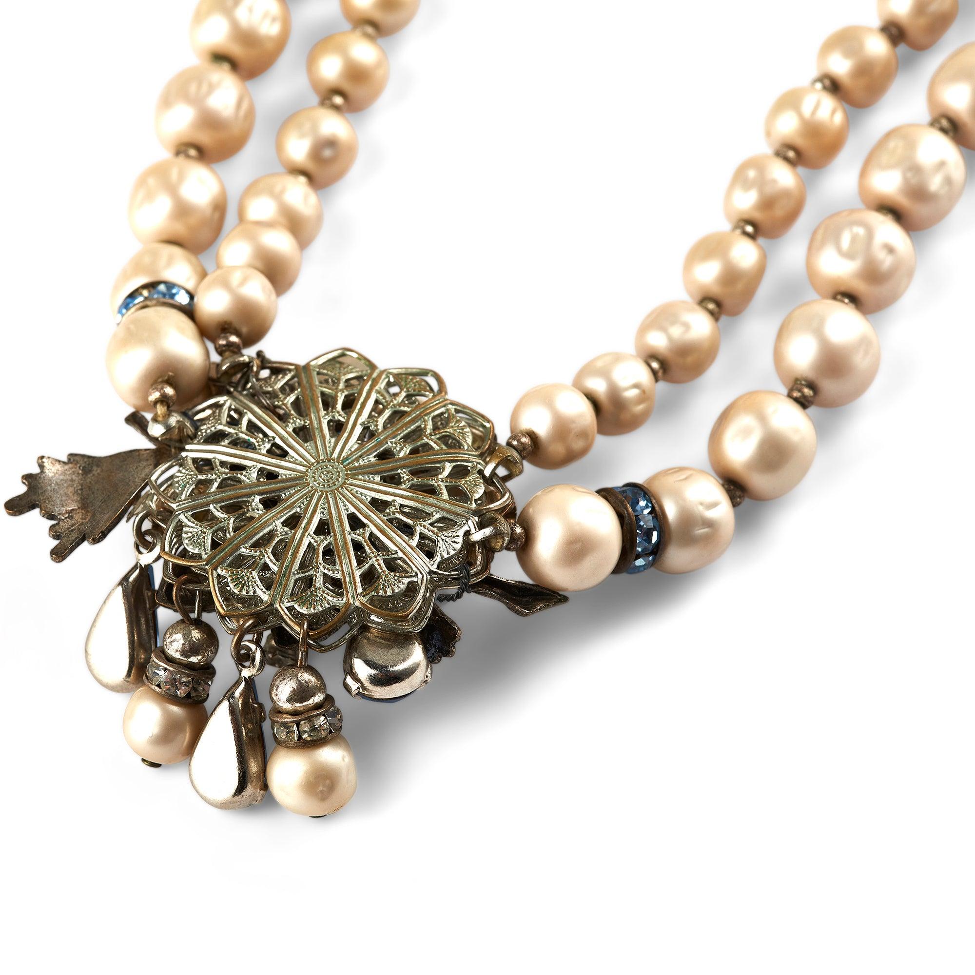 1950s Double Row Baroque Pearl Necklace with Blue Rhinestones In Excellent Condition For Sale In London, GB