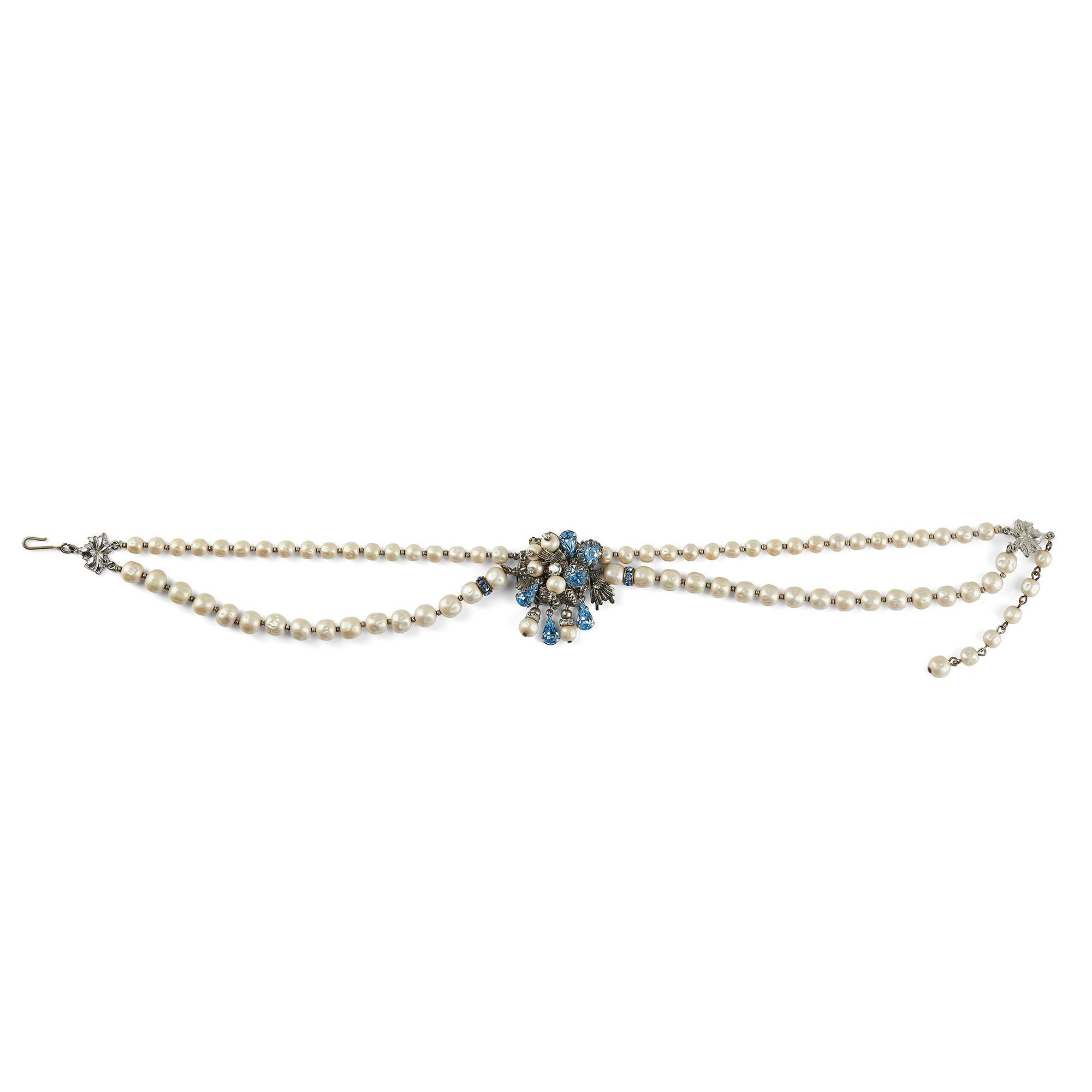 Women's 1950s Double Row Baroque Pearl Necklace with Blue Rhinestones For Sale