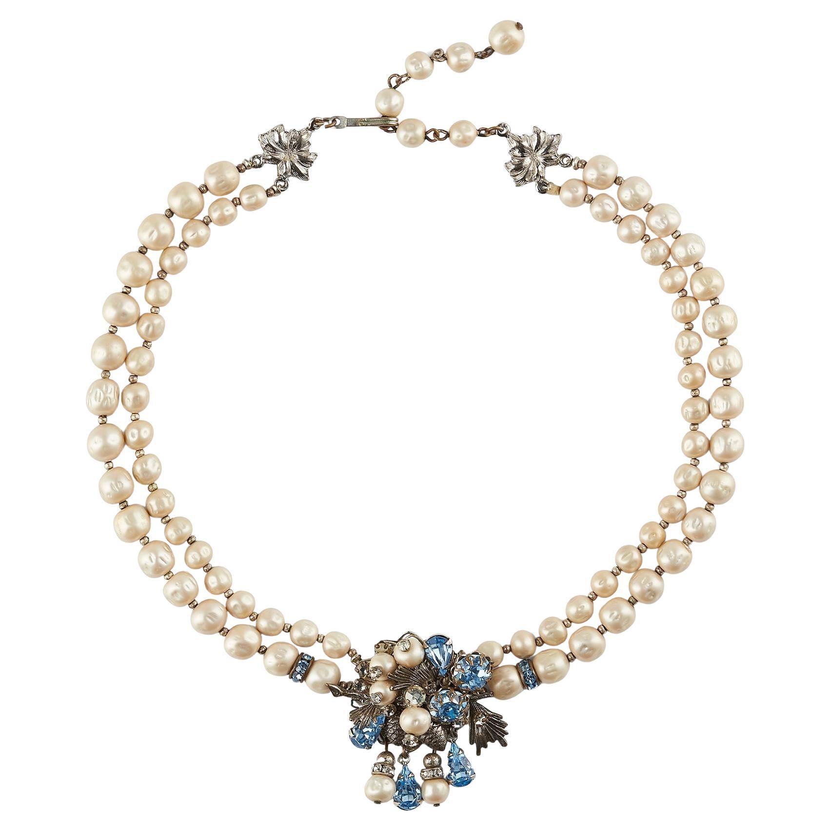 1950s Double Row Baroque Pearl Necklace with Blue Rhinestones For Sale