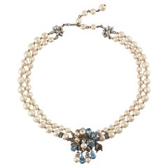 Vintage 1950s Double Row Baroque Pearl Necklace with Blue Rhinestones