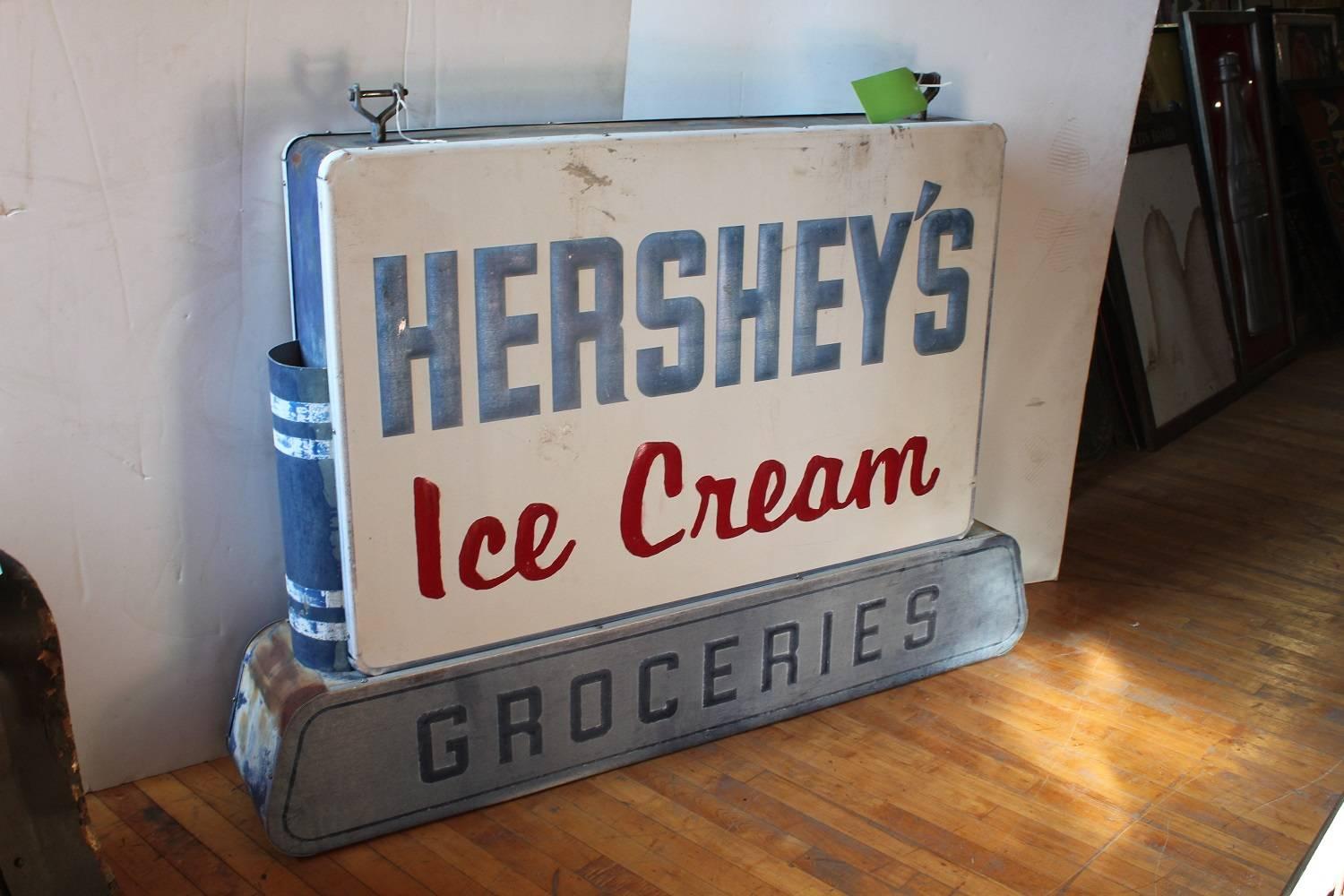 1950's double sided Hershey's ice cream metal sign. Embossed letters. Original condition.