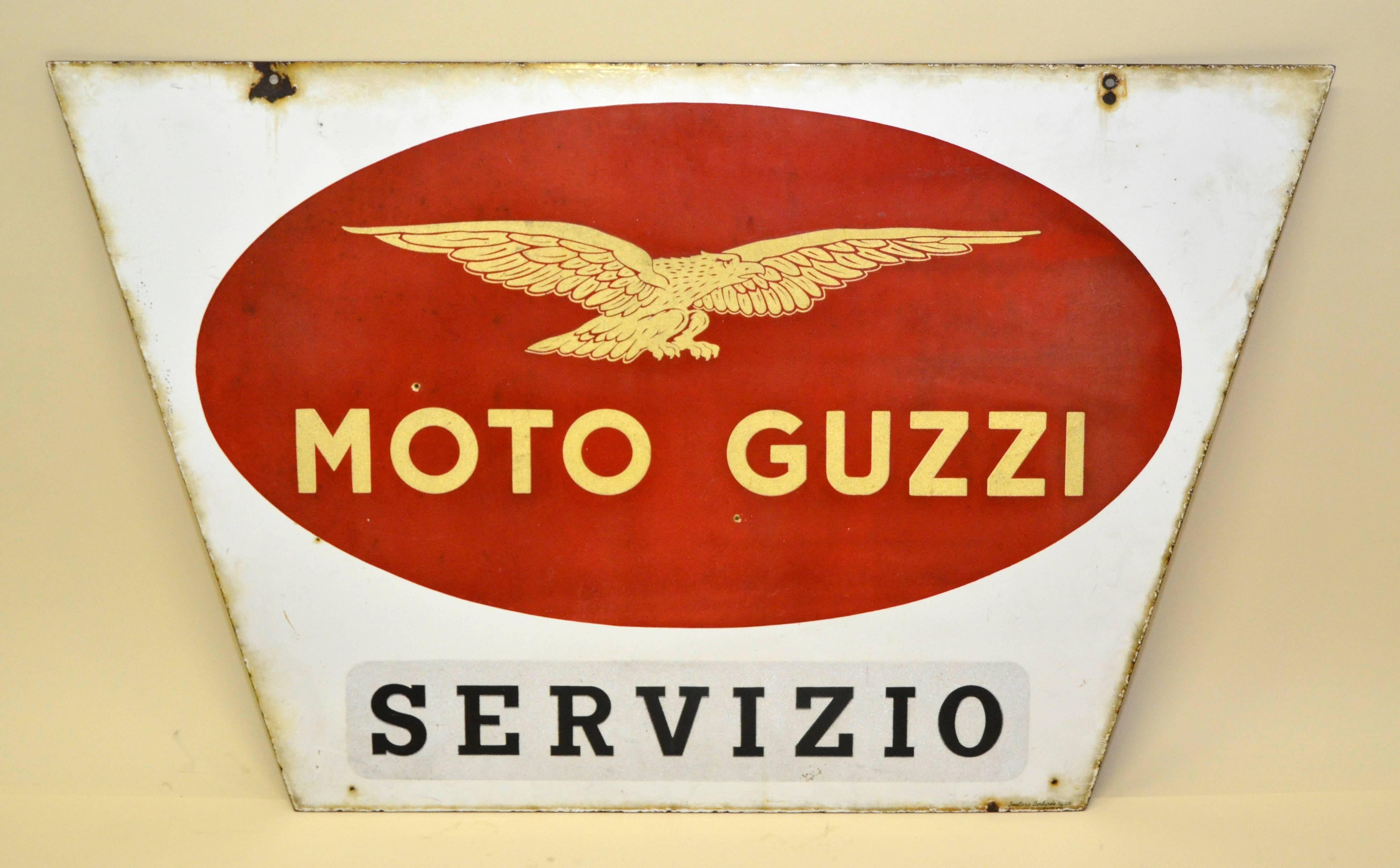 Enameled 1950s Double-Sided Italian Enamel Metal Vintage Moto Guzzi Servizio Sign For Sale