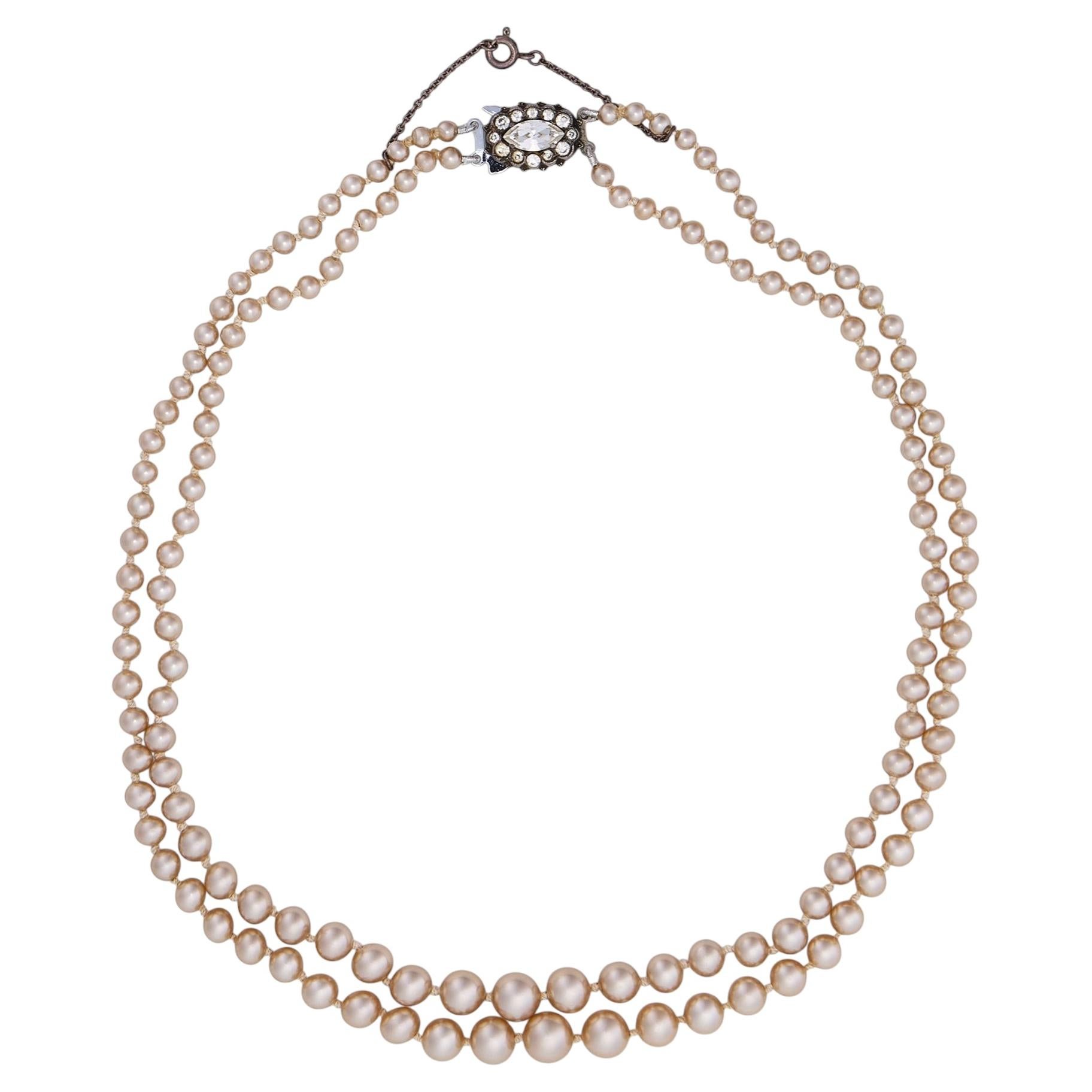 1950s Double Strand Lotus Pearl Necklace with Silver Crystal Clasp For Sale