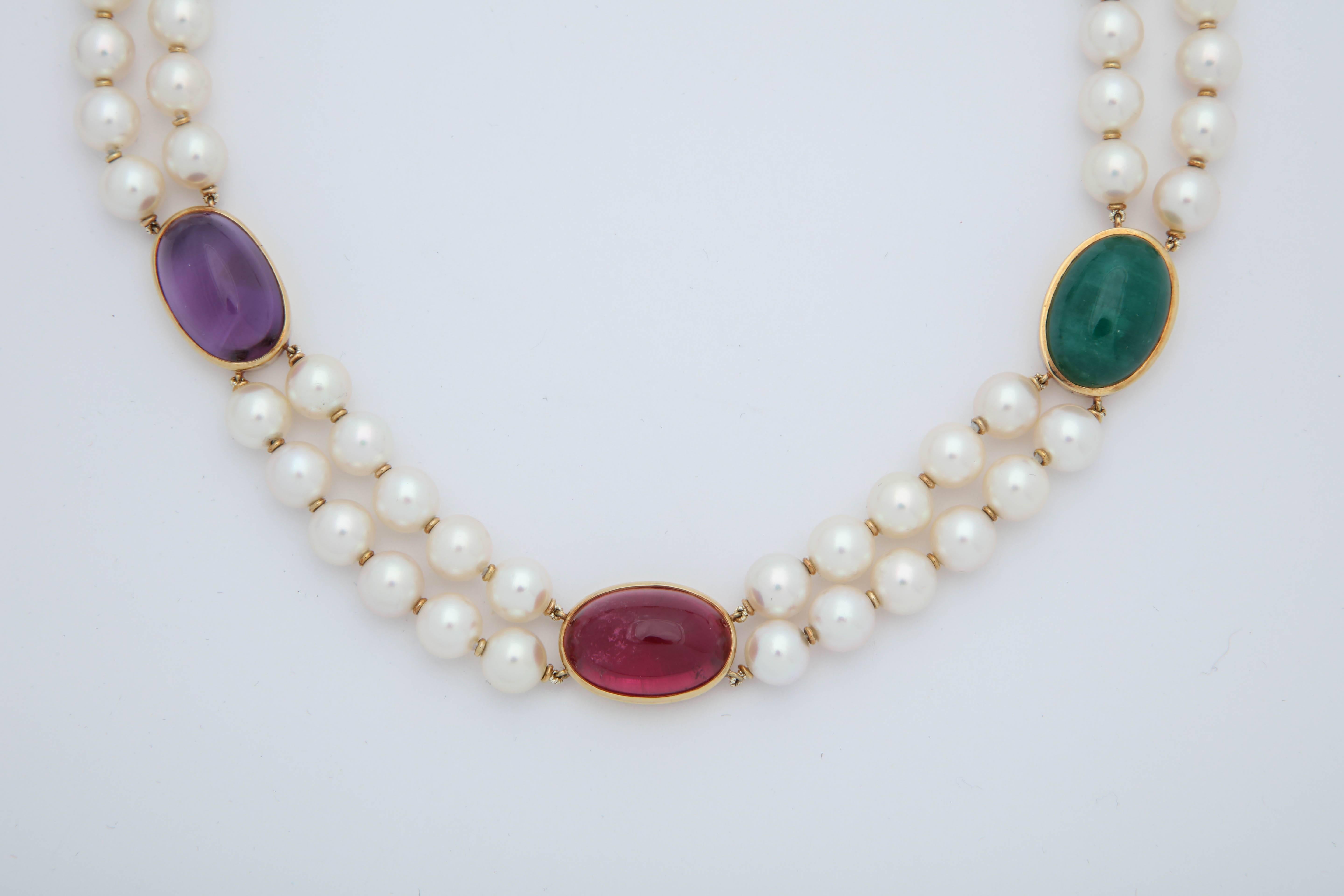 1950s Double Strand Pearls with Cabochon Multicolored Stones Choker Necklace In Good Condition In New York, NY