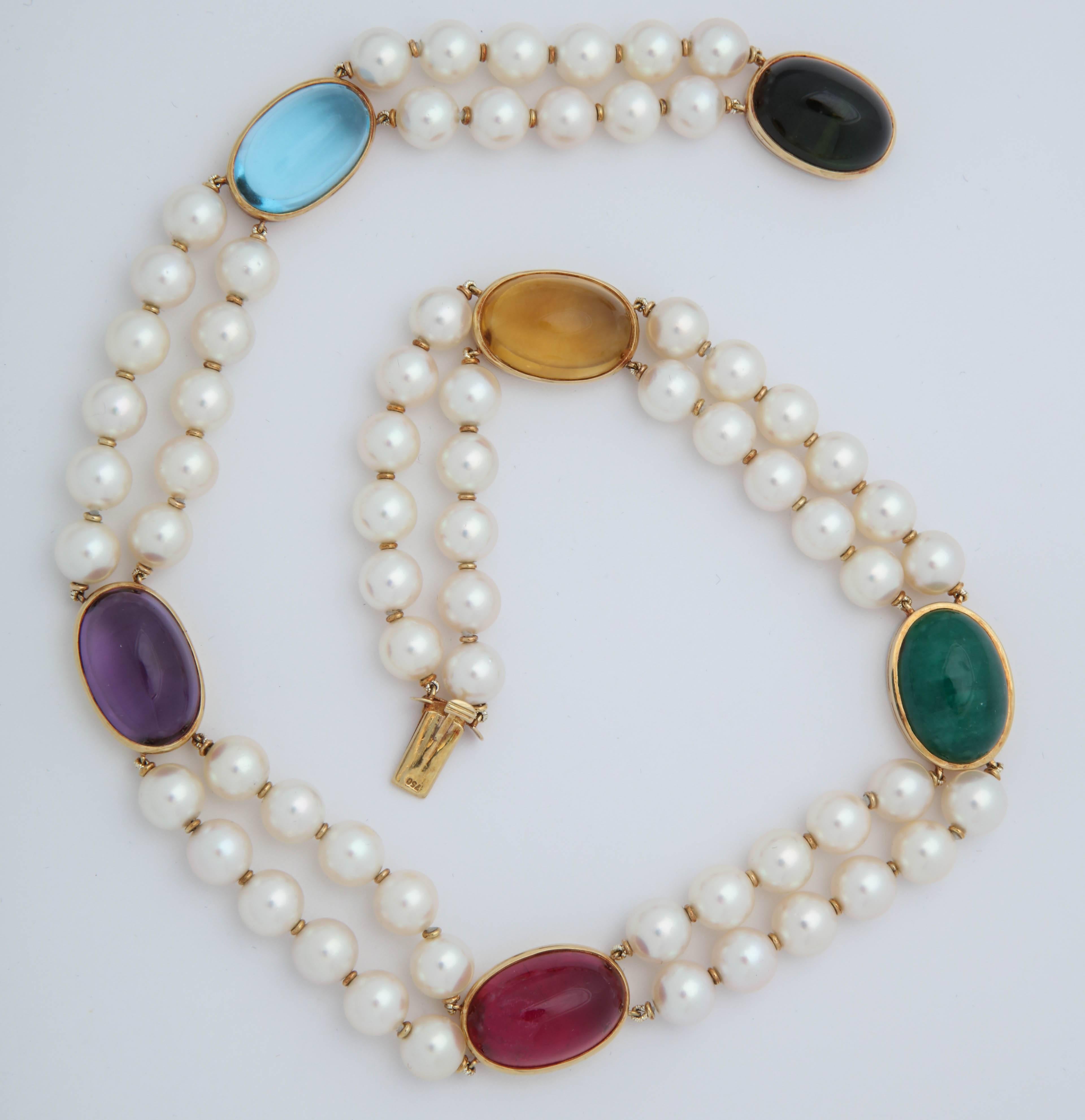 Women's 1950s Double Strand Pearls with Cabochon Multicolored Stones Choker Necklace