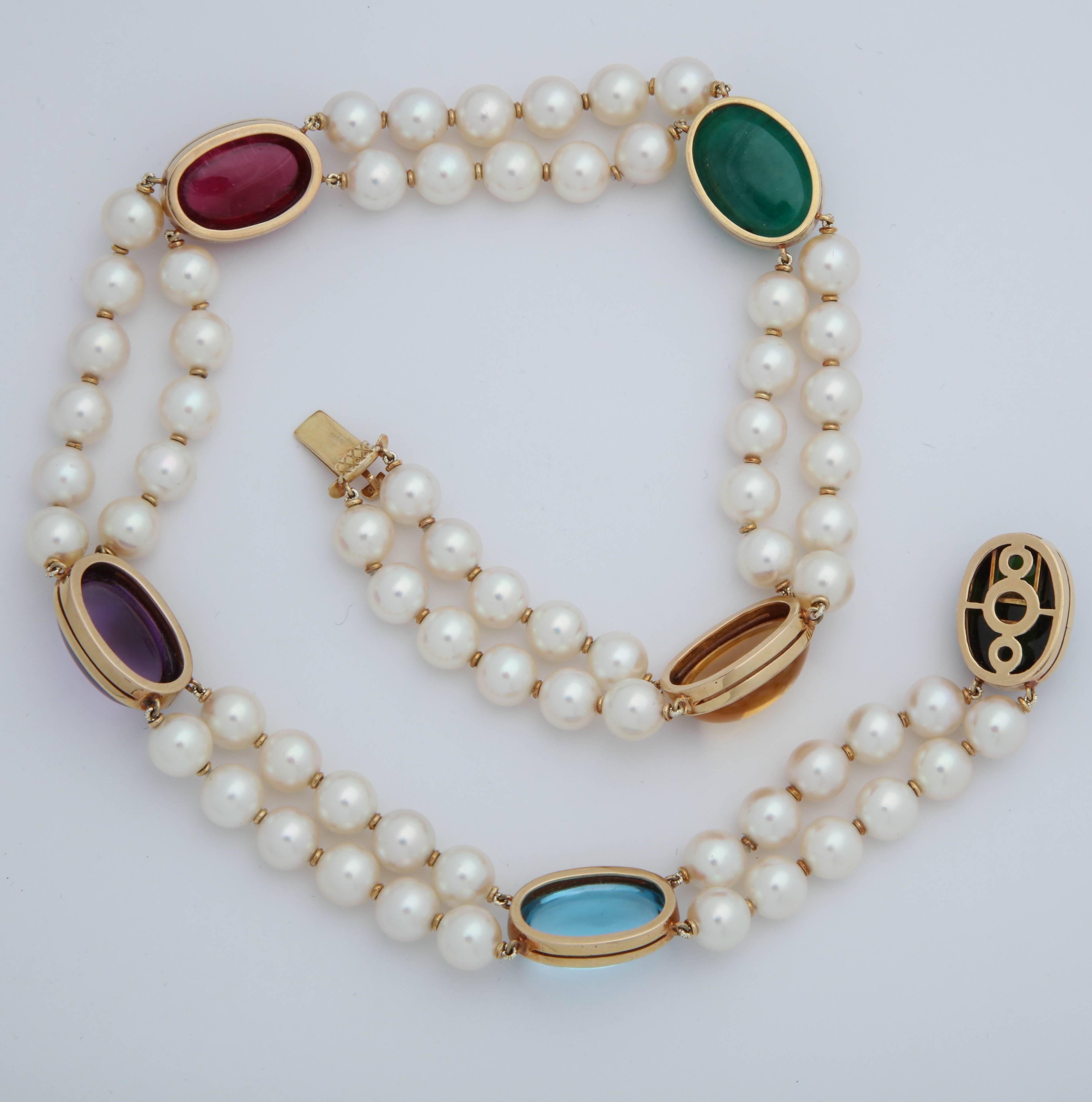 1950s Double Strand Pearls with Cabochon Multicolored Stones Choker Necklace 1