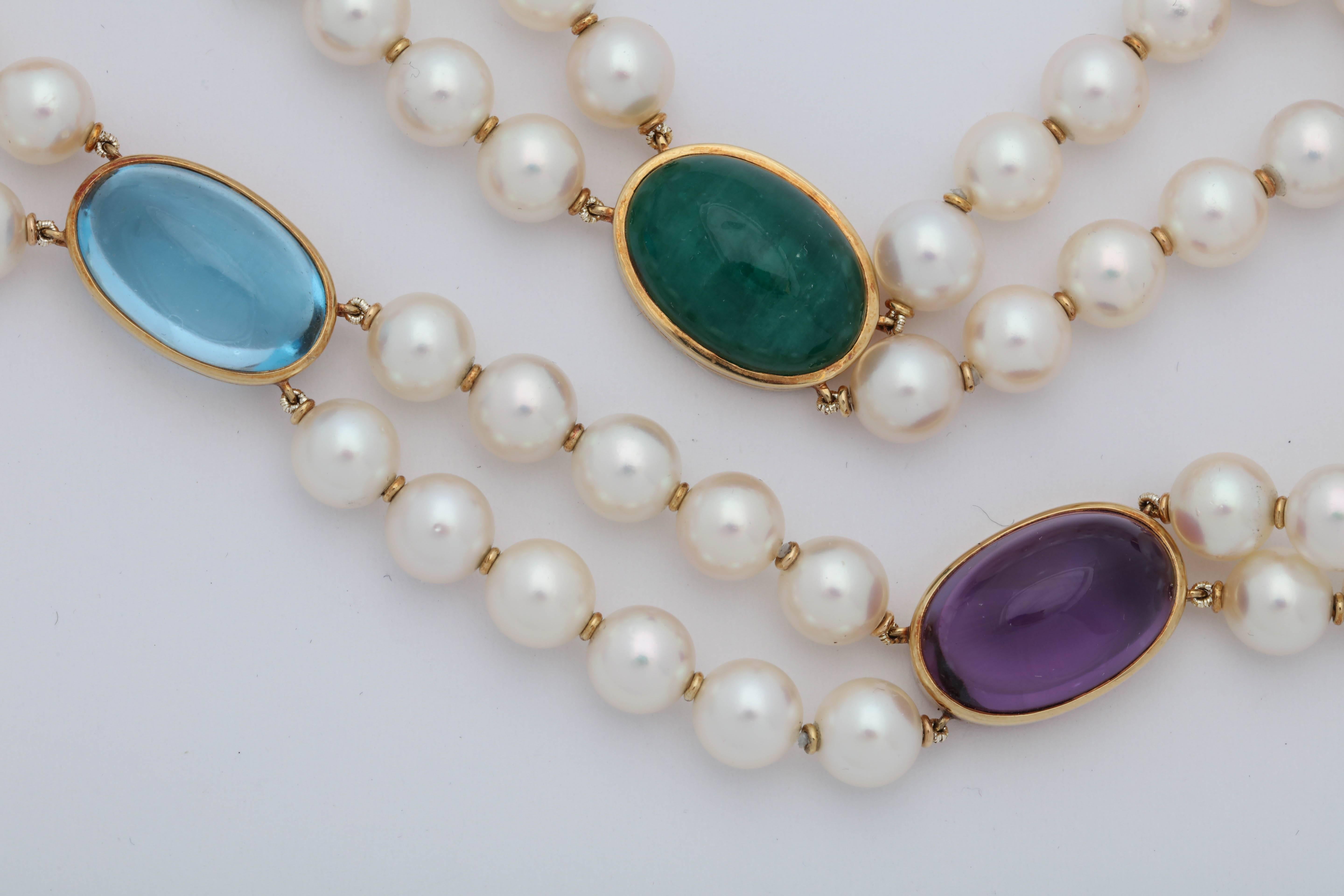 1950s Double Strand Pearls with Cabochon Multicolored Stones Choker Necklace 3