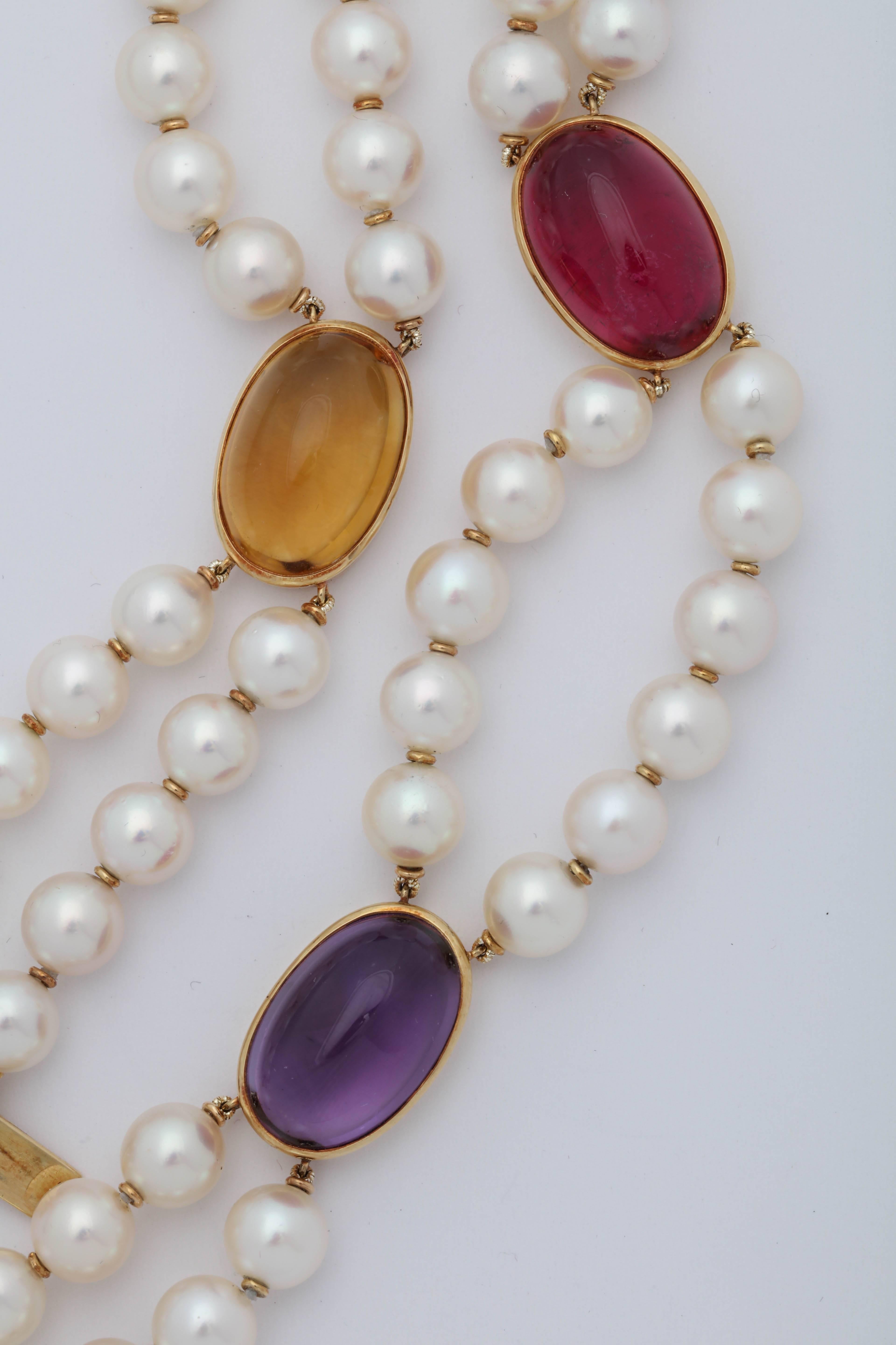 1950s Double Strand Pearls with Cabochon Multicolored Stones Choker Necklace 4