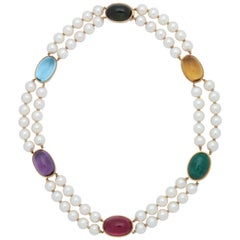 1950s Double Strand Pearls with Cabochon Multicolored Stones Choker Necklace 1950s Double Strand Pearls with Cabochon Multicolored Stones Choker Necklace