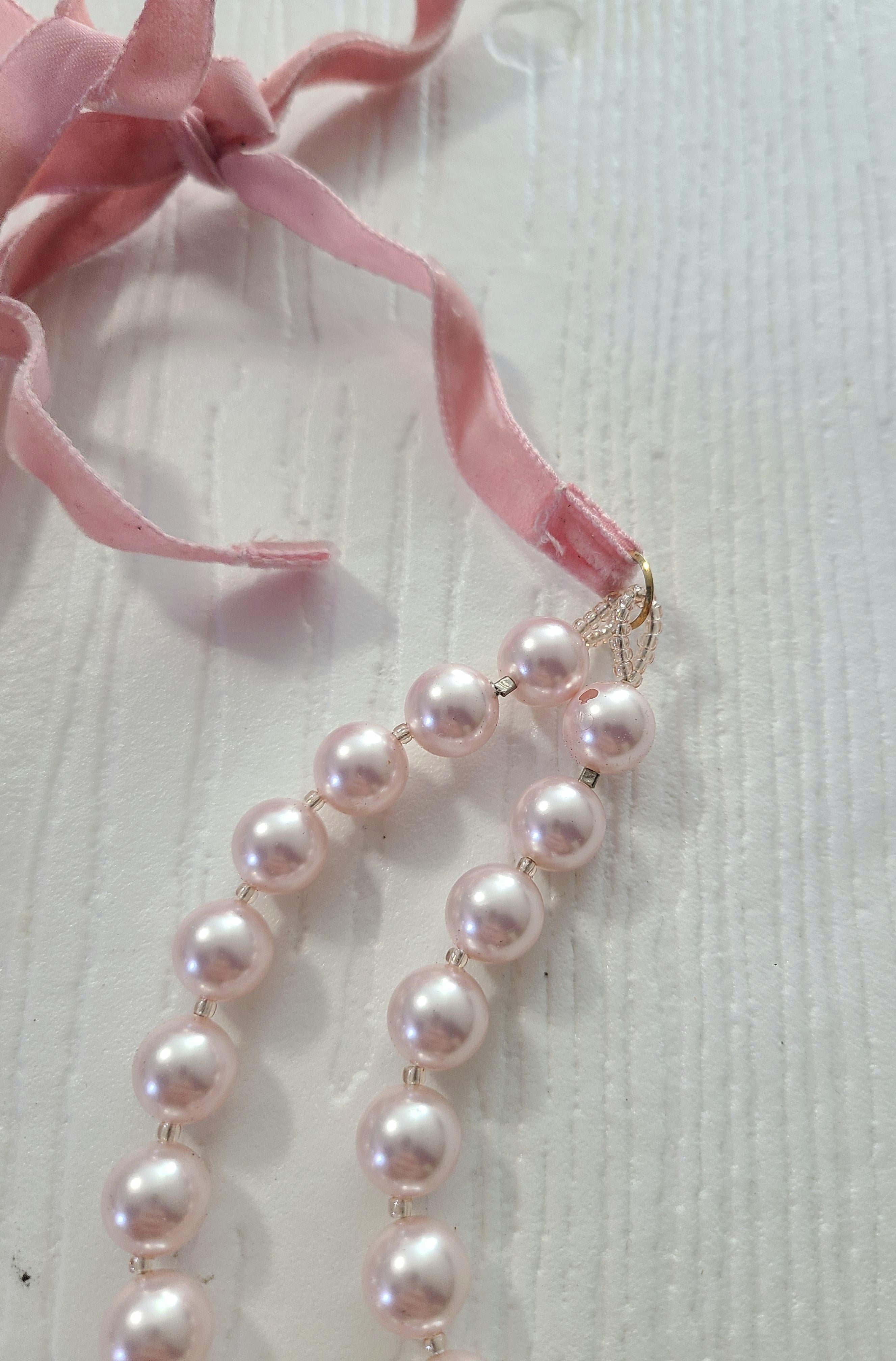 Bead 1950s Double Strand Pink Freshwater Pearl Necklace w/ Pink Velvet Closure  For Sale