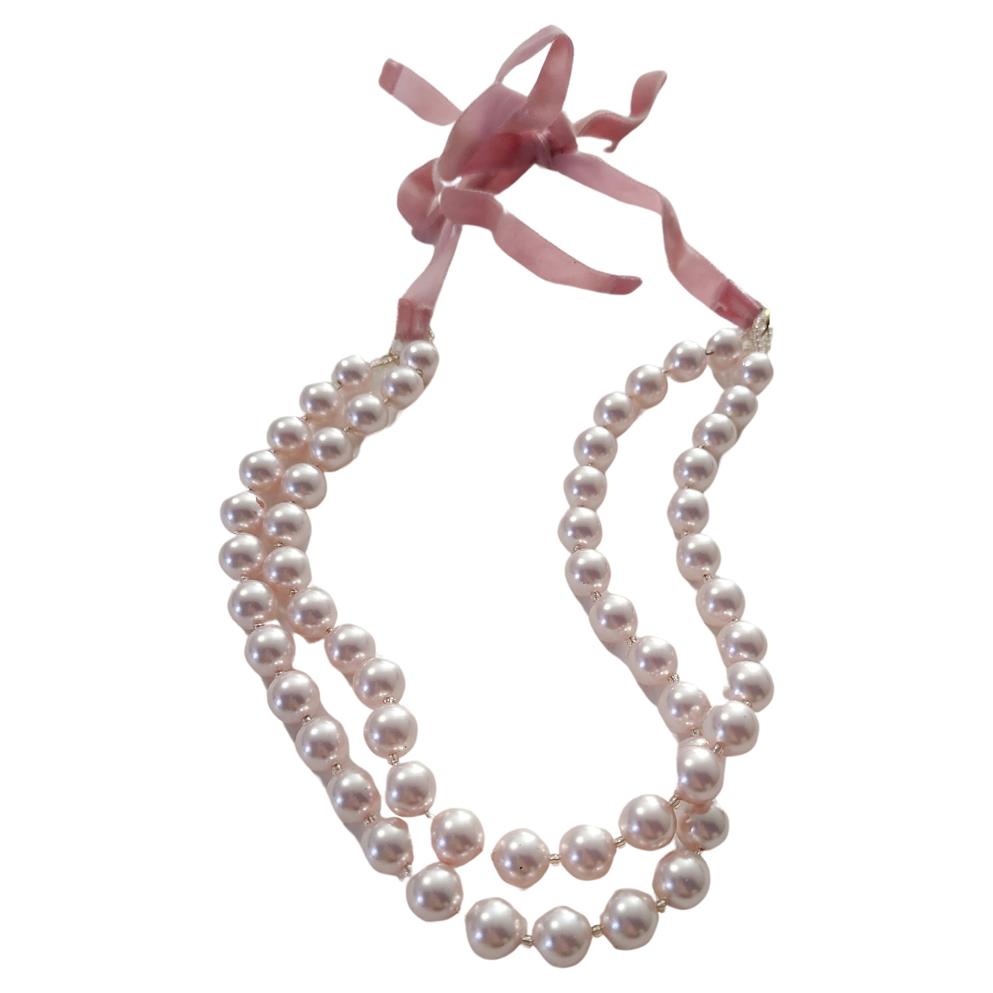 1950s Double Strand Pink Freshwater Pearl Necklace w/ Pink Velvet Closure  For Sale