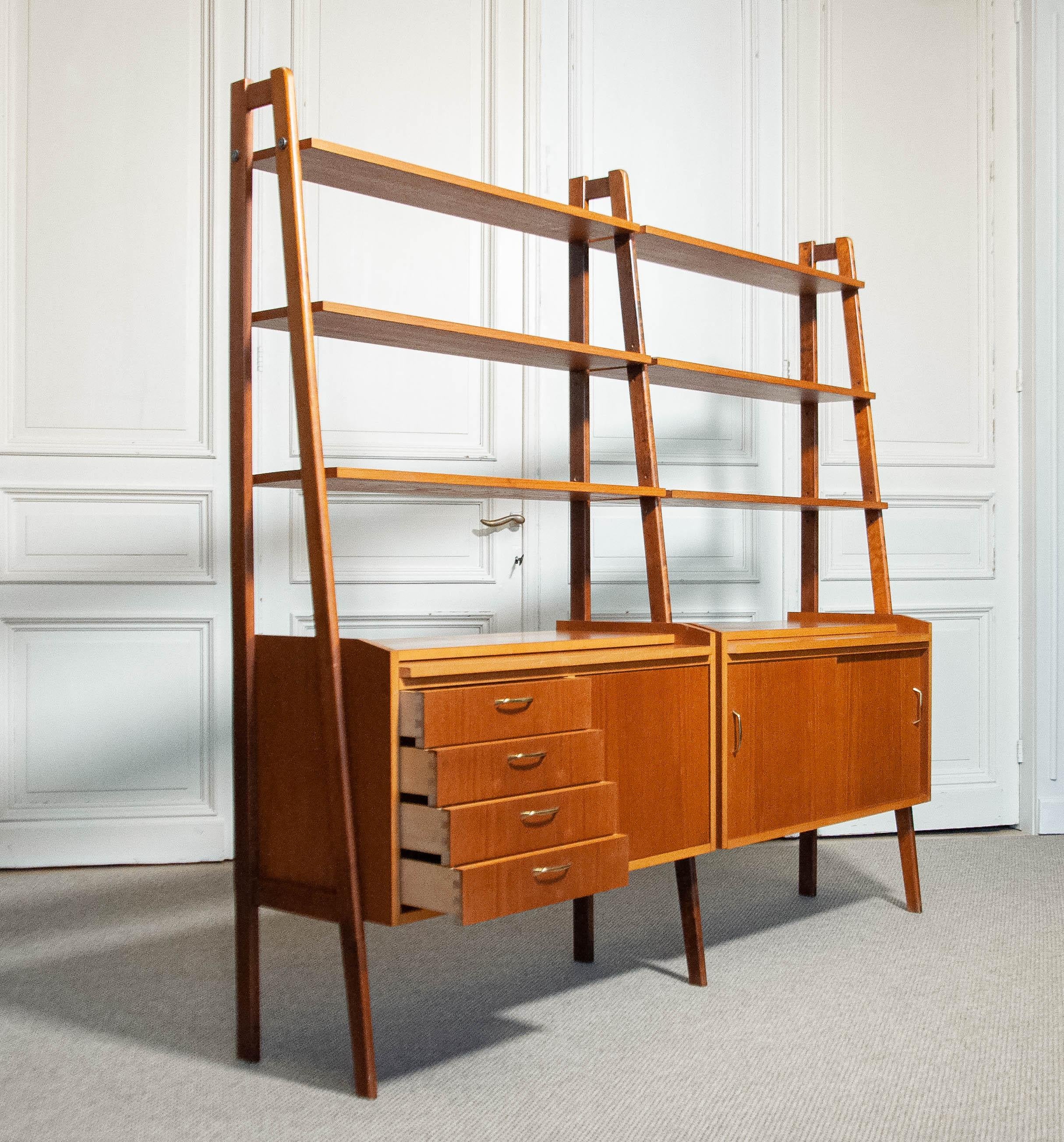 1950s, Double Wall Unit / Bookcase in Teak Veneer, Sweden For Sale 5