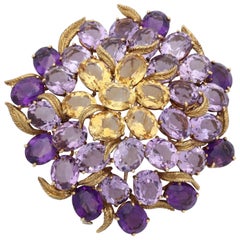 1950s Dramatic and Impressive Large Amethyst and Citrine Gold Double Clip Brooch