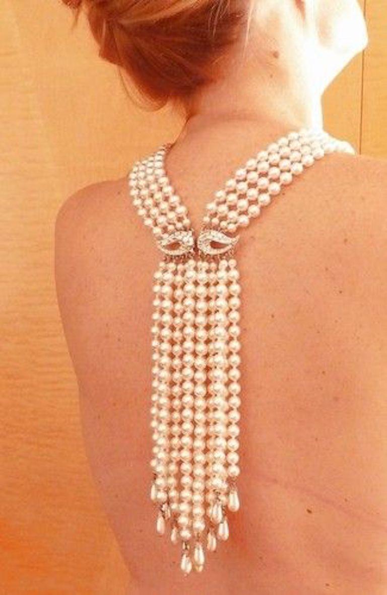 1950s Dramatic Pearl Waterfall Fringe Necklace 11
